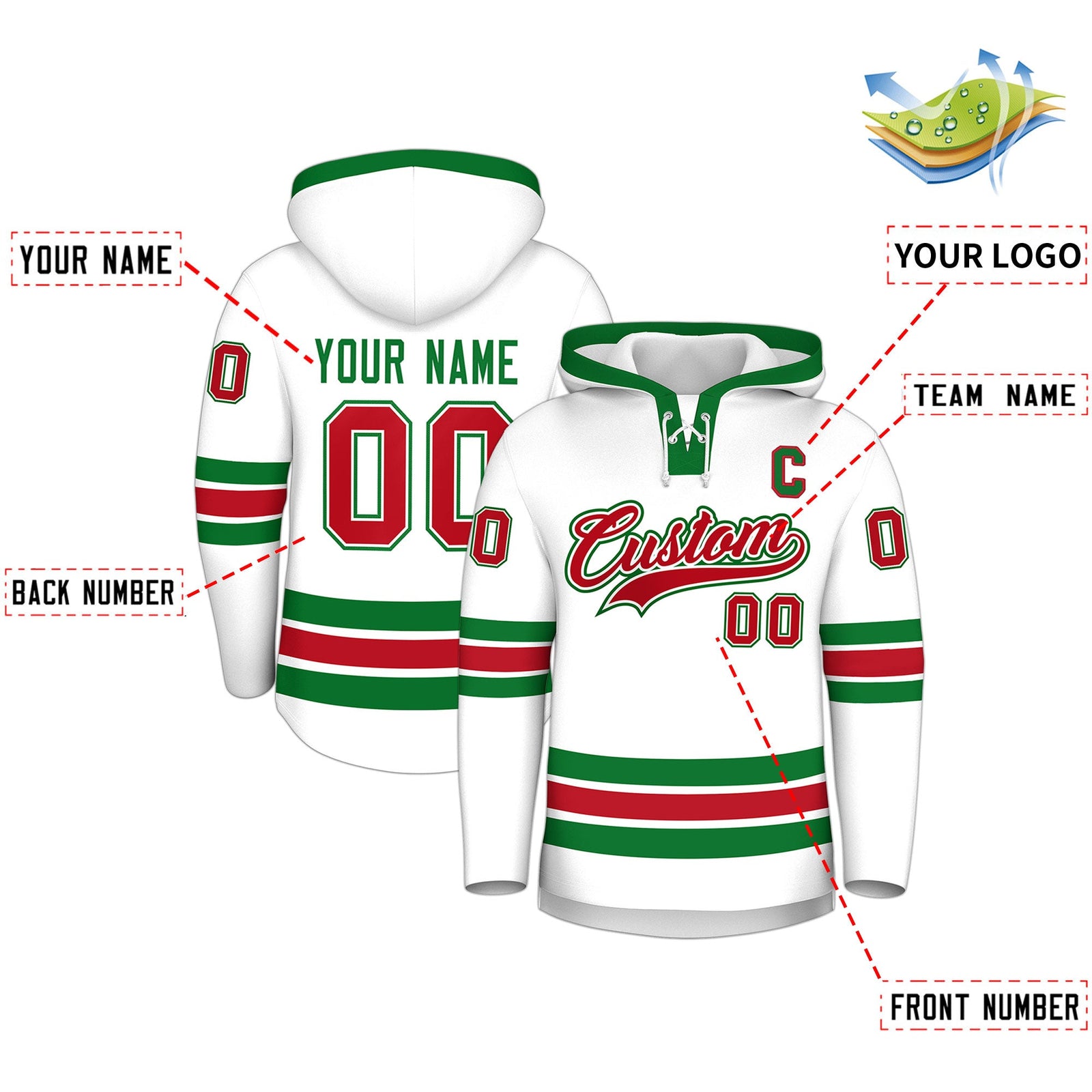 Custom Hockey Hoodie Jersey White Kelly Green Classic Style Add Name,Number&Logo