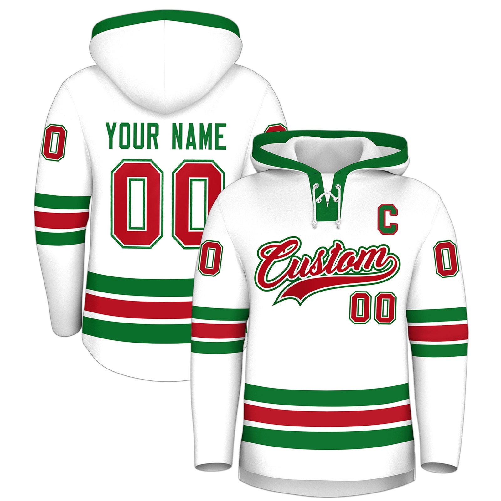 Custom Hockey Hoodie Jersey White Kelly Green Classic Style Add Name,Number&Logo