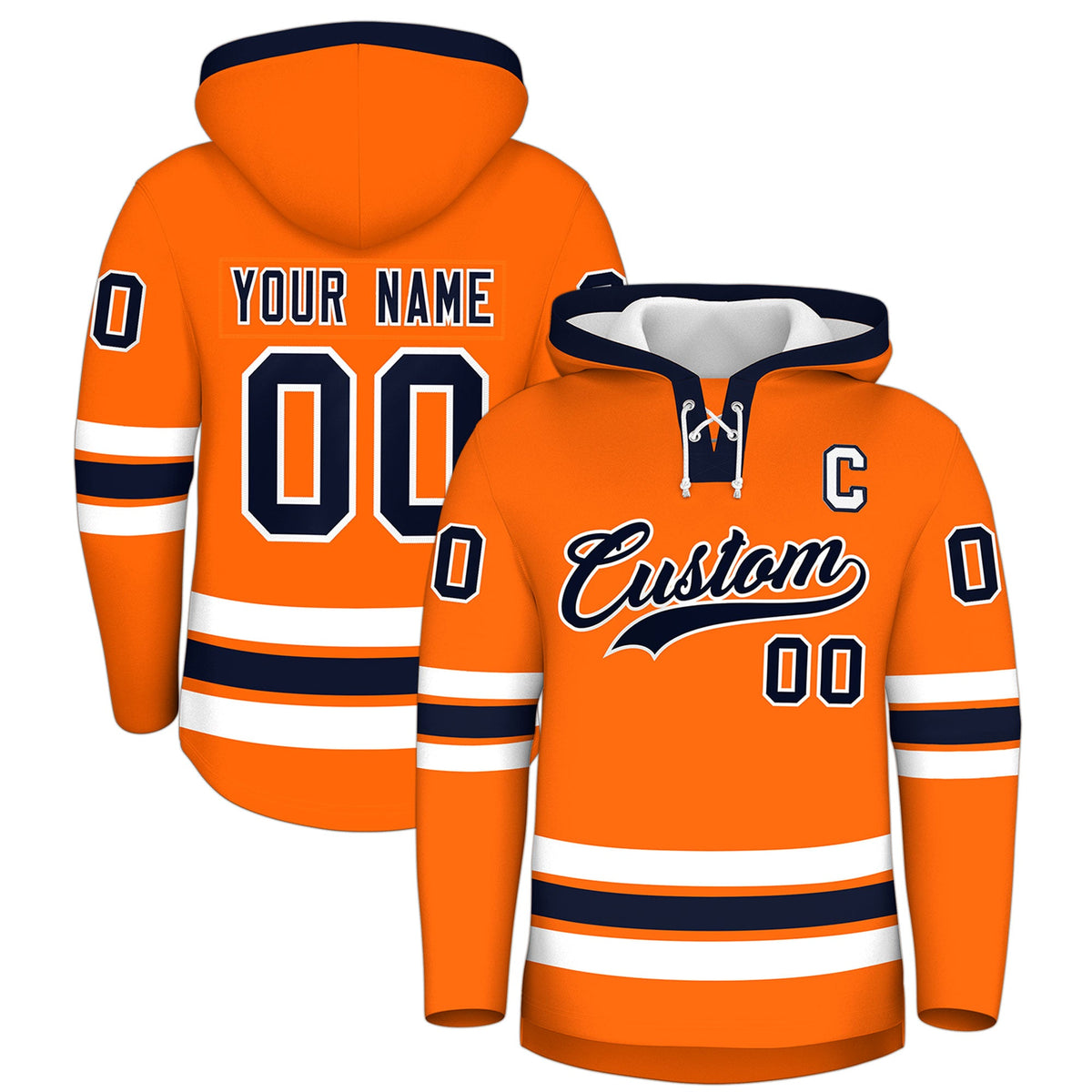 Custom Hockey Hoodie Jersey Orange Navy Classic Style Add Name,Number&amp;Logo