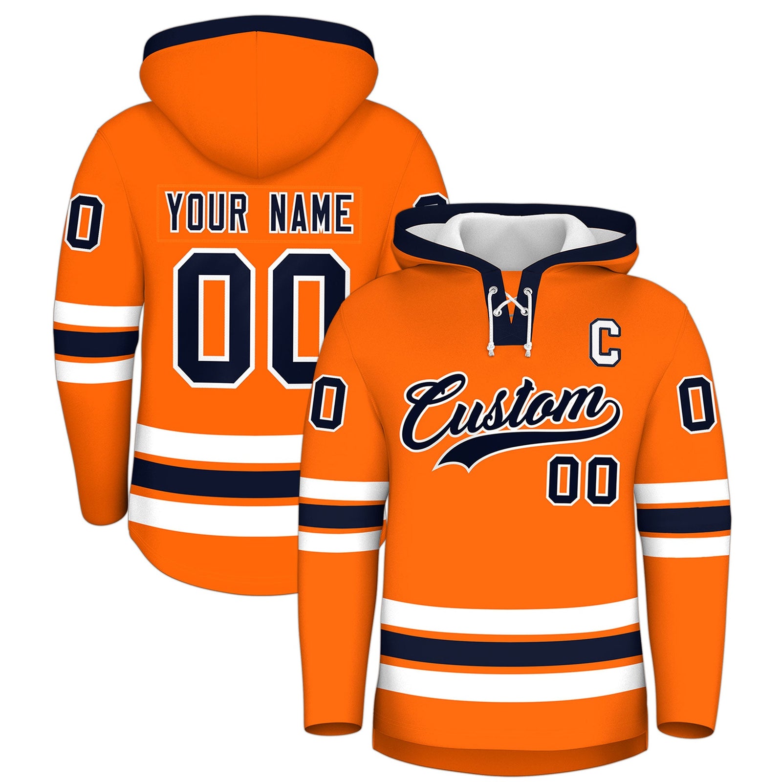 Custom Hockey Hoodie Jersey Orange Navy Classic Style Add Name,Number&Logo