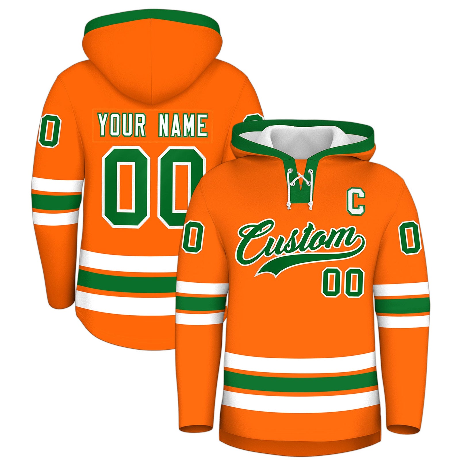 Custom Hockey Hoodie Jersey Orange Kelly Green Classic Style Add Name,Number&Logo