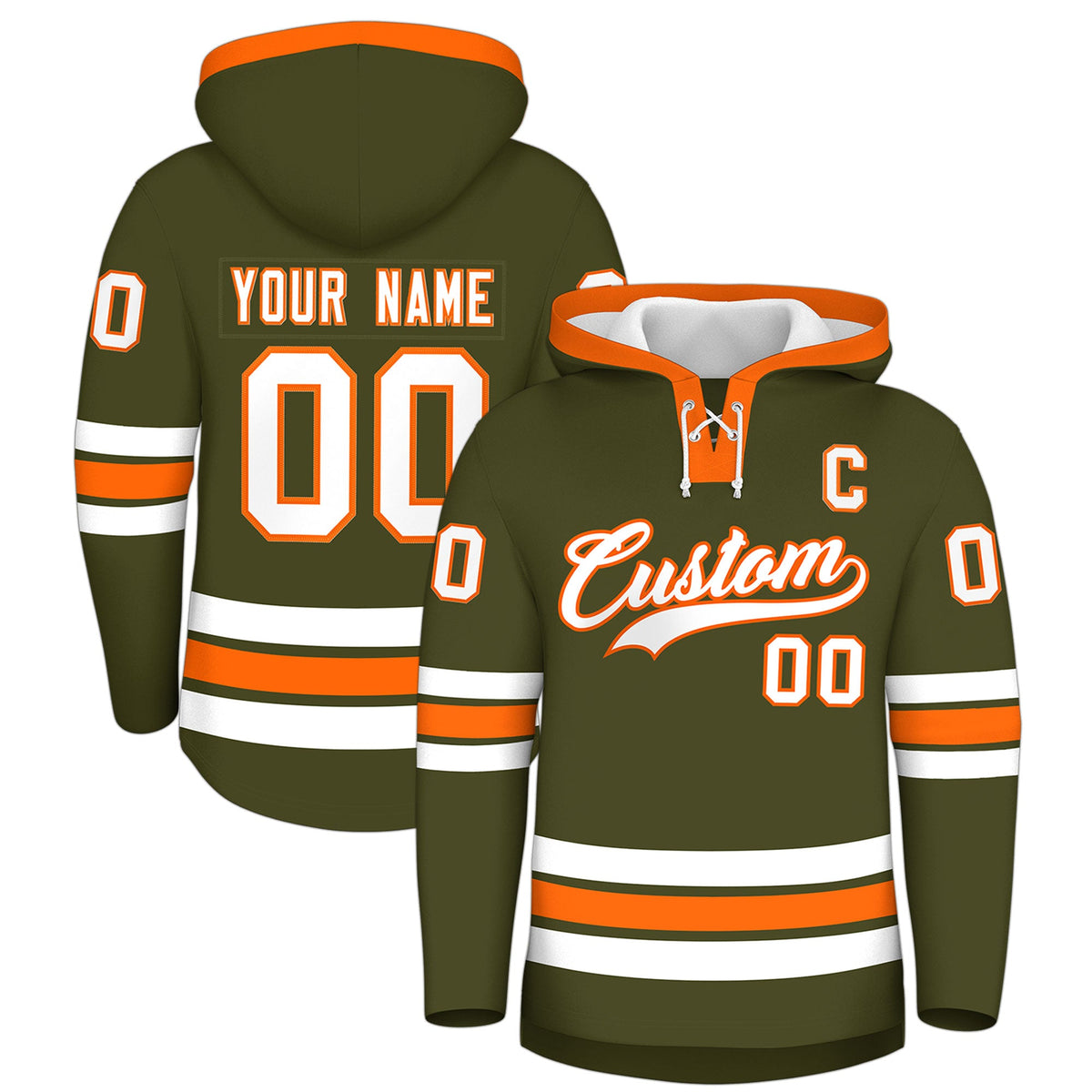 Custom Hockey Hoodie Jersey Olive Orange Classic Style for Men&amp;Youth