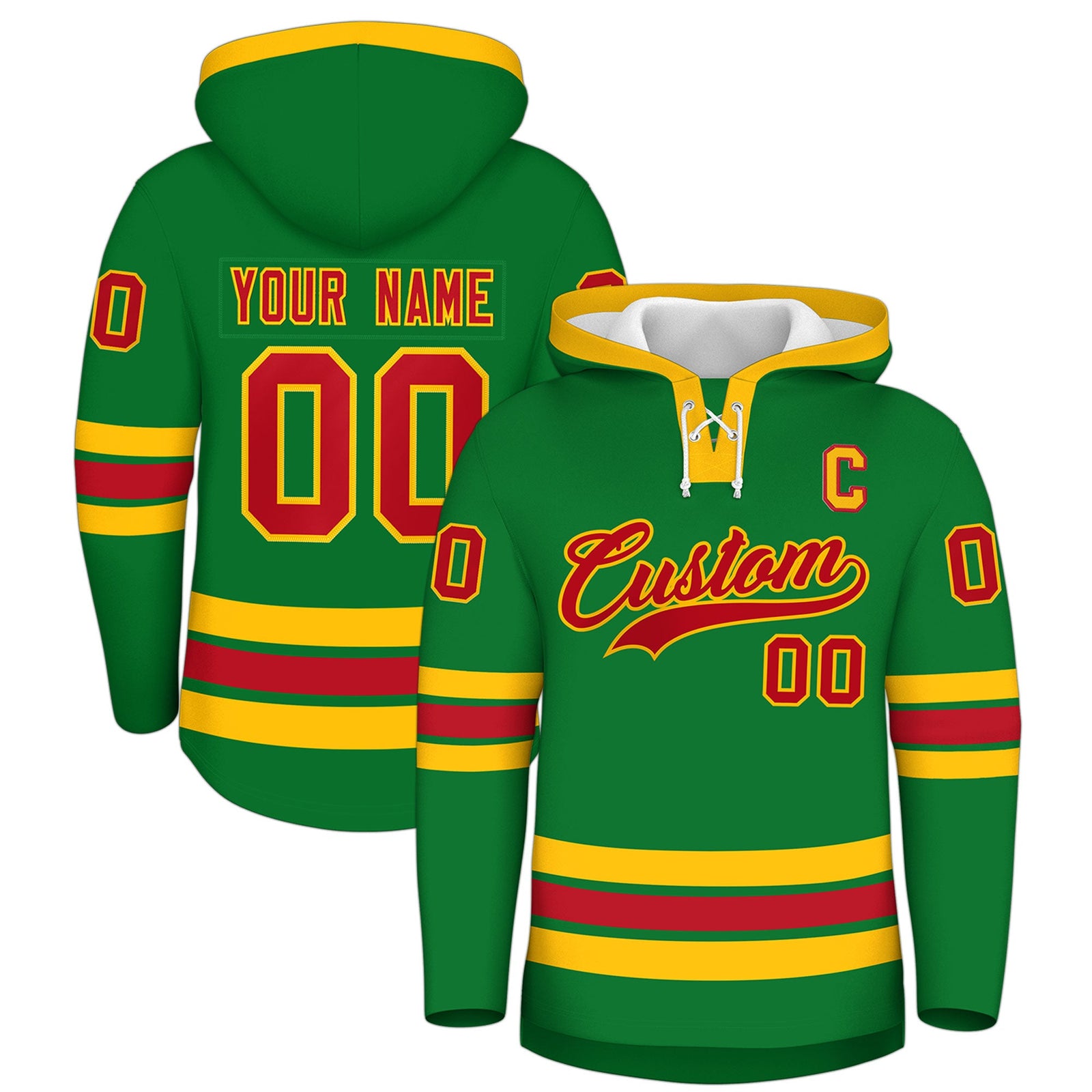 Custom Hockey Hoodie Jersey Kelly Green Red Classic Style Add Name,Number&Logo