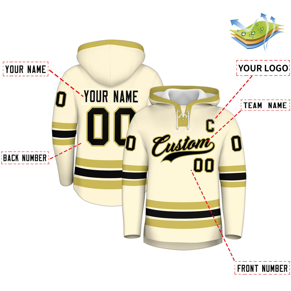 Custom Hockey Hoodie Jersey Cream Old Gold Classic Style for Men&amp;Youth