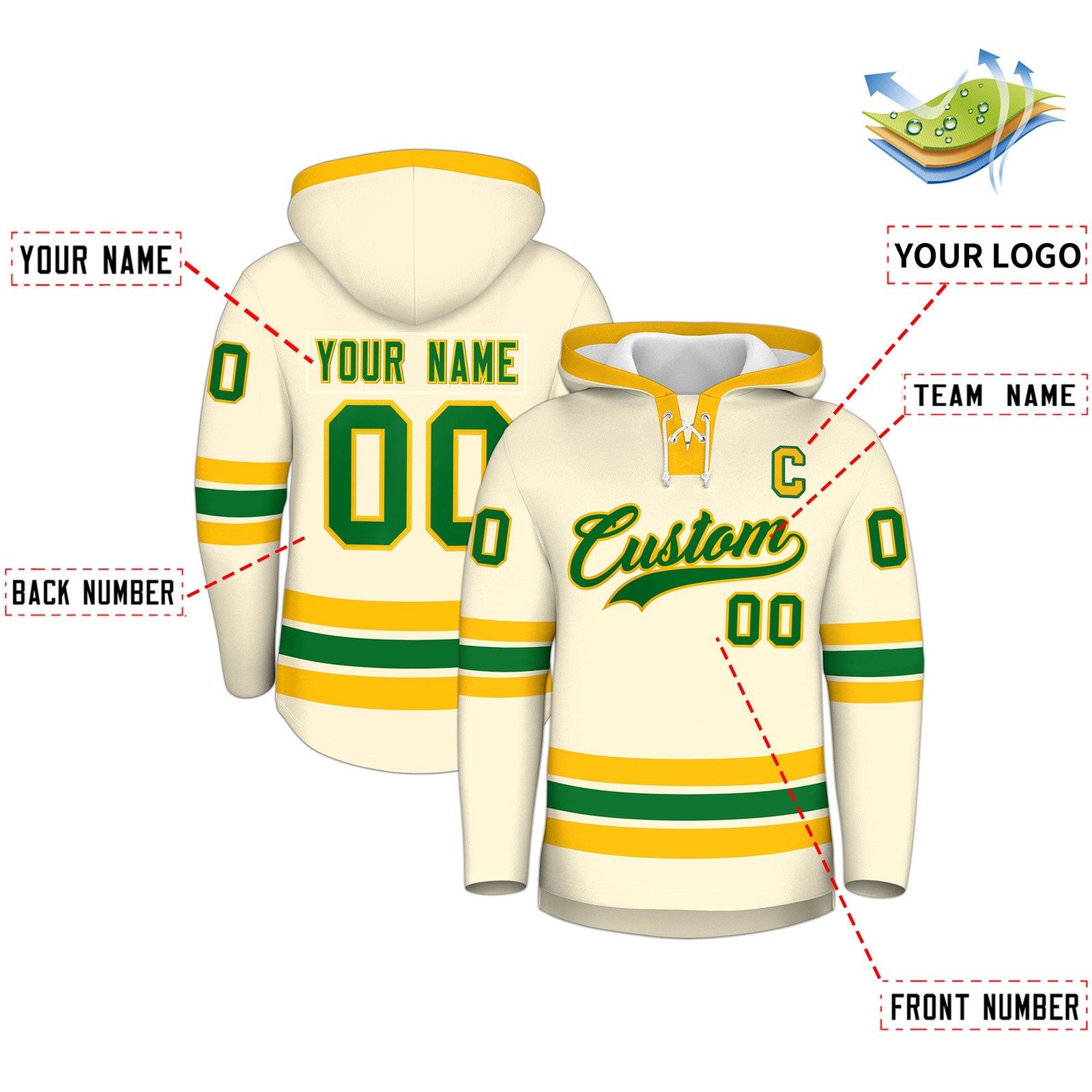 Custom Hockey Hoodie Jersey Cream Kelly Green Classic Style Add Name,Number&Logo