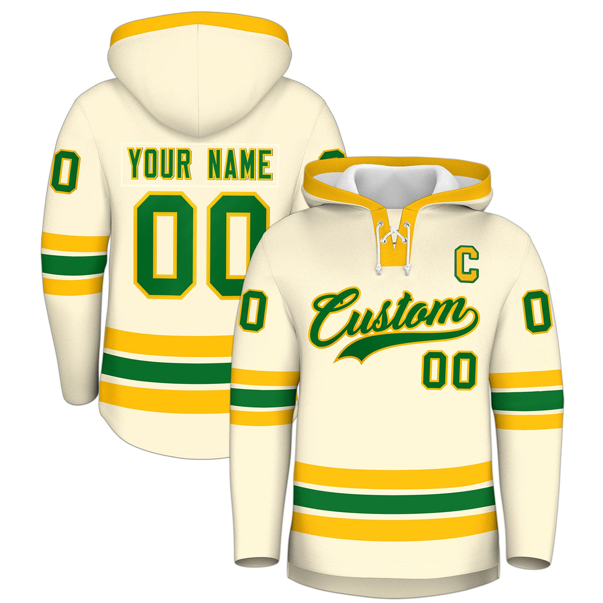 Custom Hockey Hoodie Jersey Cream Kelly Green Classic Style Add Name,Number&amp;Logo