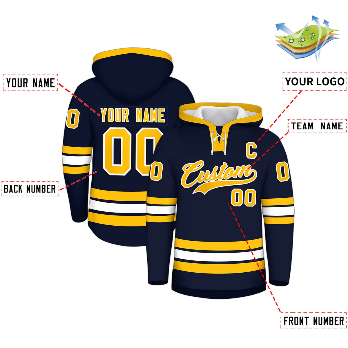 Custom Hockey Hoodie Jersey Navy White Classic Style Add Name,Number &amp; Logo