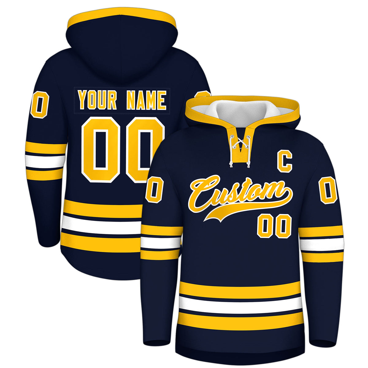 Custom Hockey Hoodie Jersey Navy White Classic Style Add Name,Number &amp; Logo