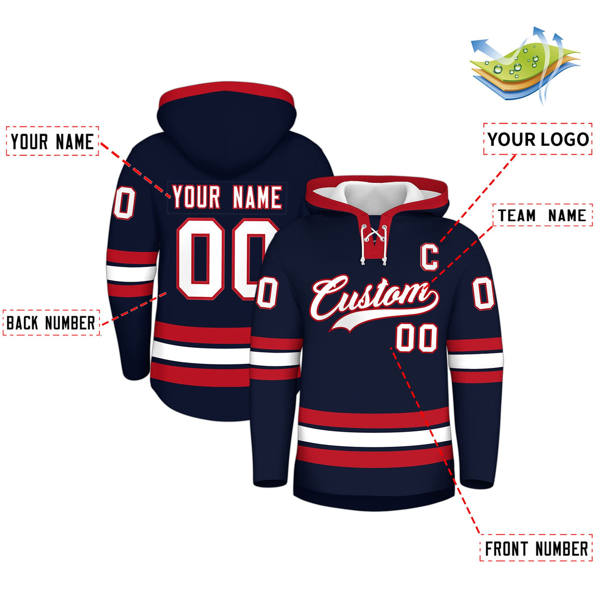 Custom Hockey Hoodie Jersey Navy Red Classic Style for Men&amp;Youth