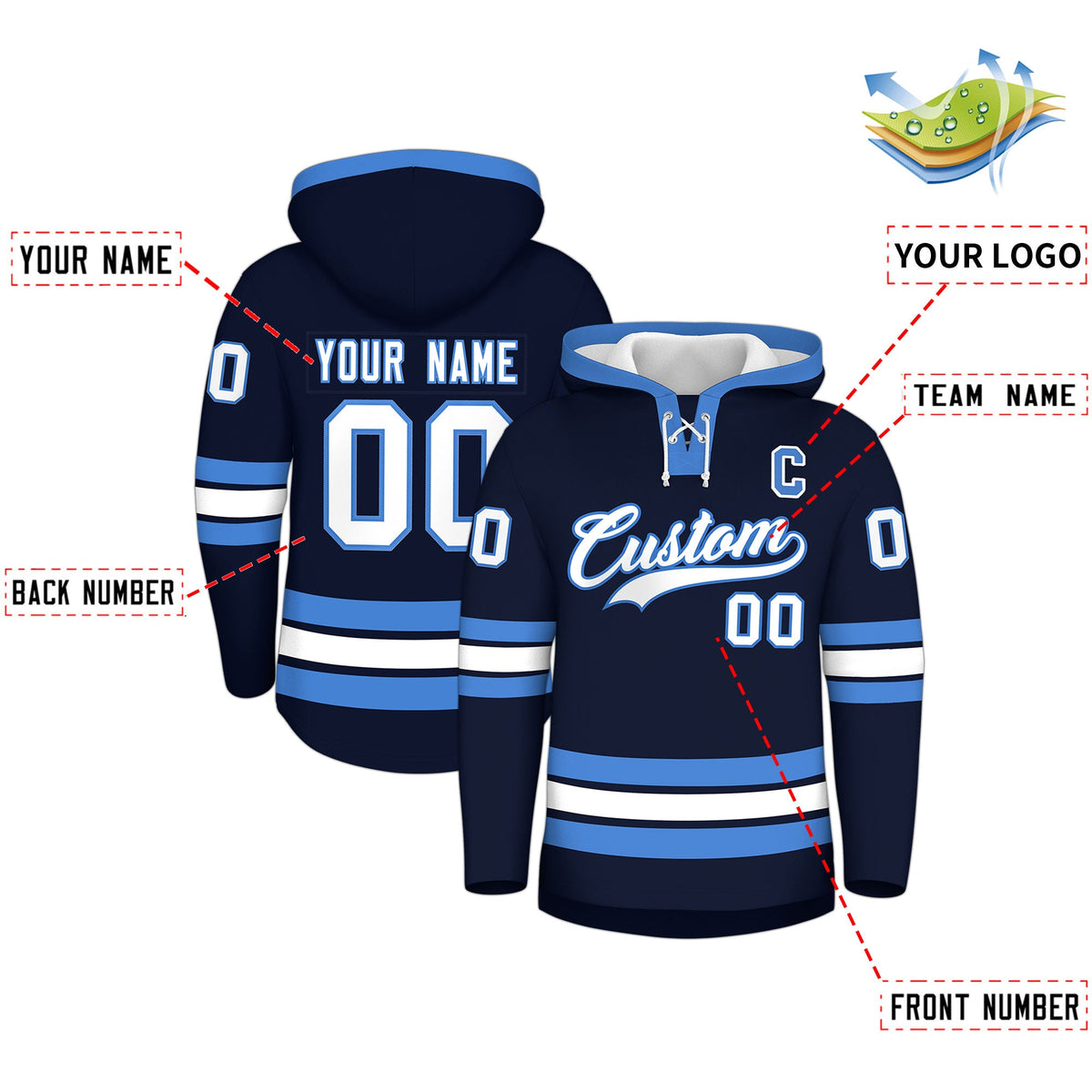 Custom Hockey Hoodie Jersey Navy Powder Blue Classic Style for Men&amp;Youth