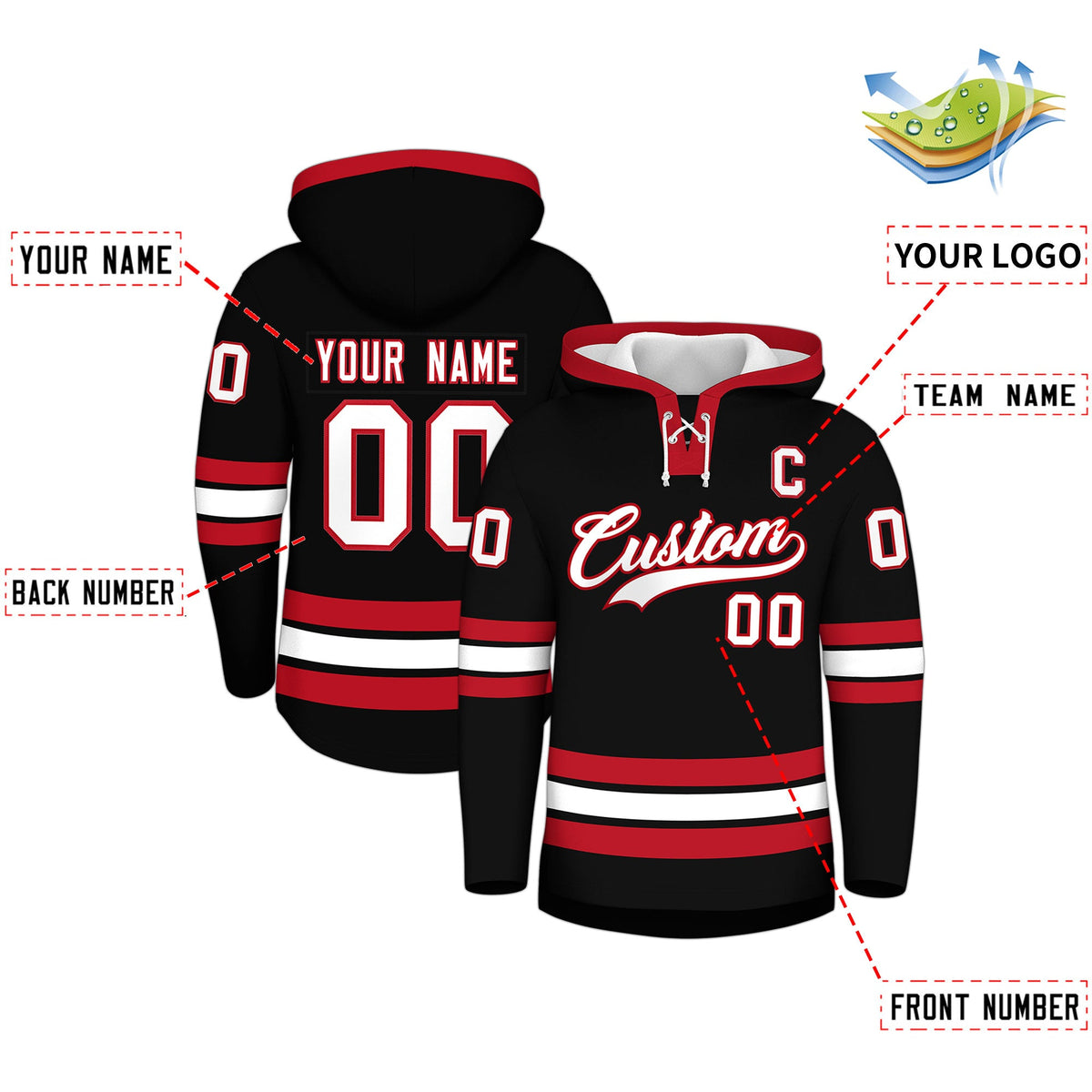 Custom Hockey Hoodie Jersey Black Red Classic Style Add Name,Number&amp;Logo