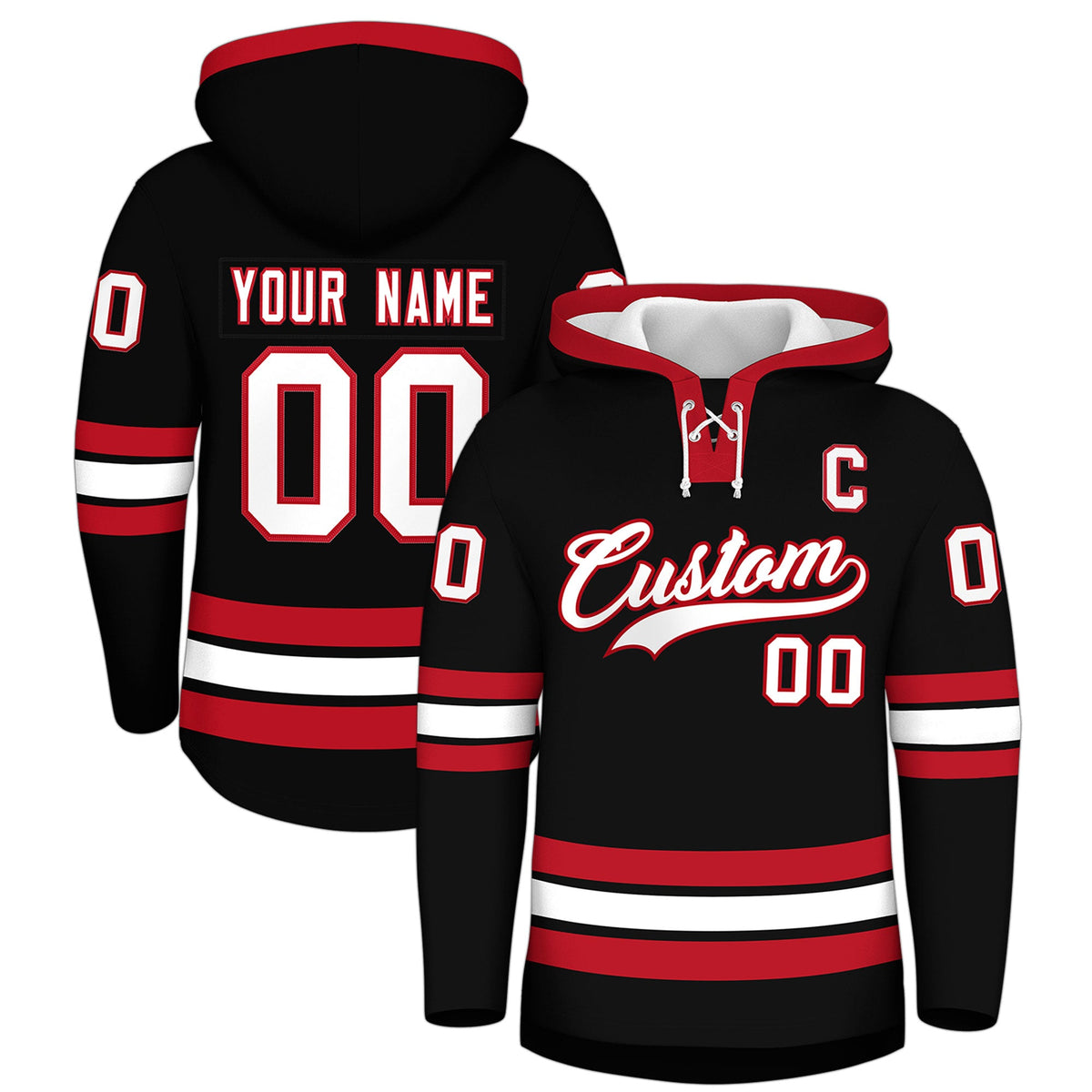 Custom Hockey Hoodie Jersey Black Red Classic Style Add Name,Number&amp;Logo