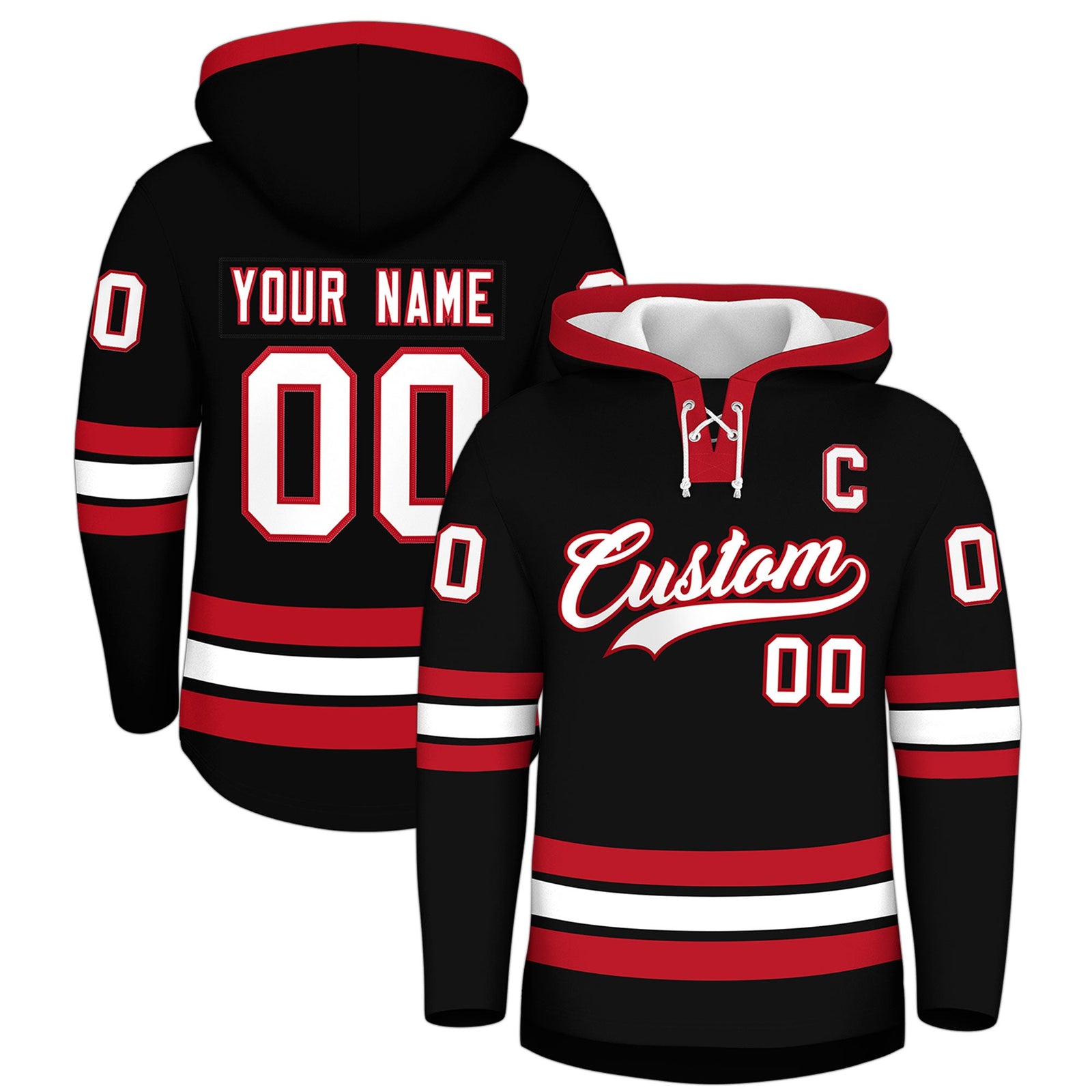 Custom Hockey Hoodie Jersey Black Red Classic Style Add Name,Number&Logo