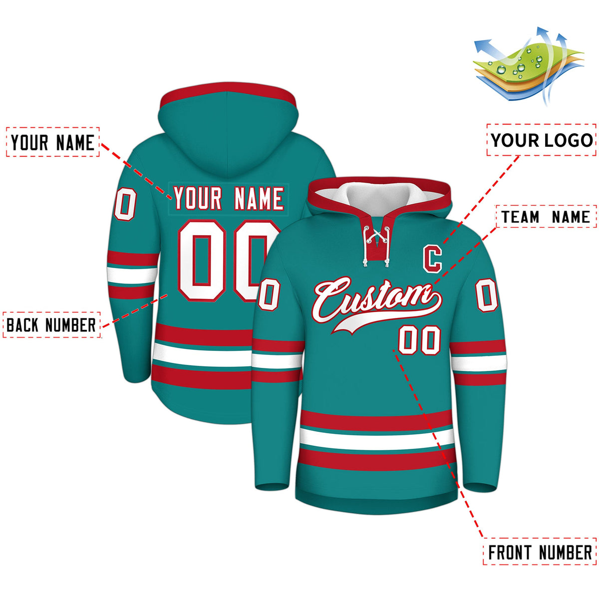 Custom Hockey Hoodie Jersey Teal Red Classic Style for Men&amp;Youth