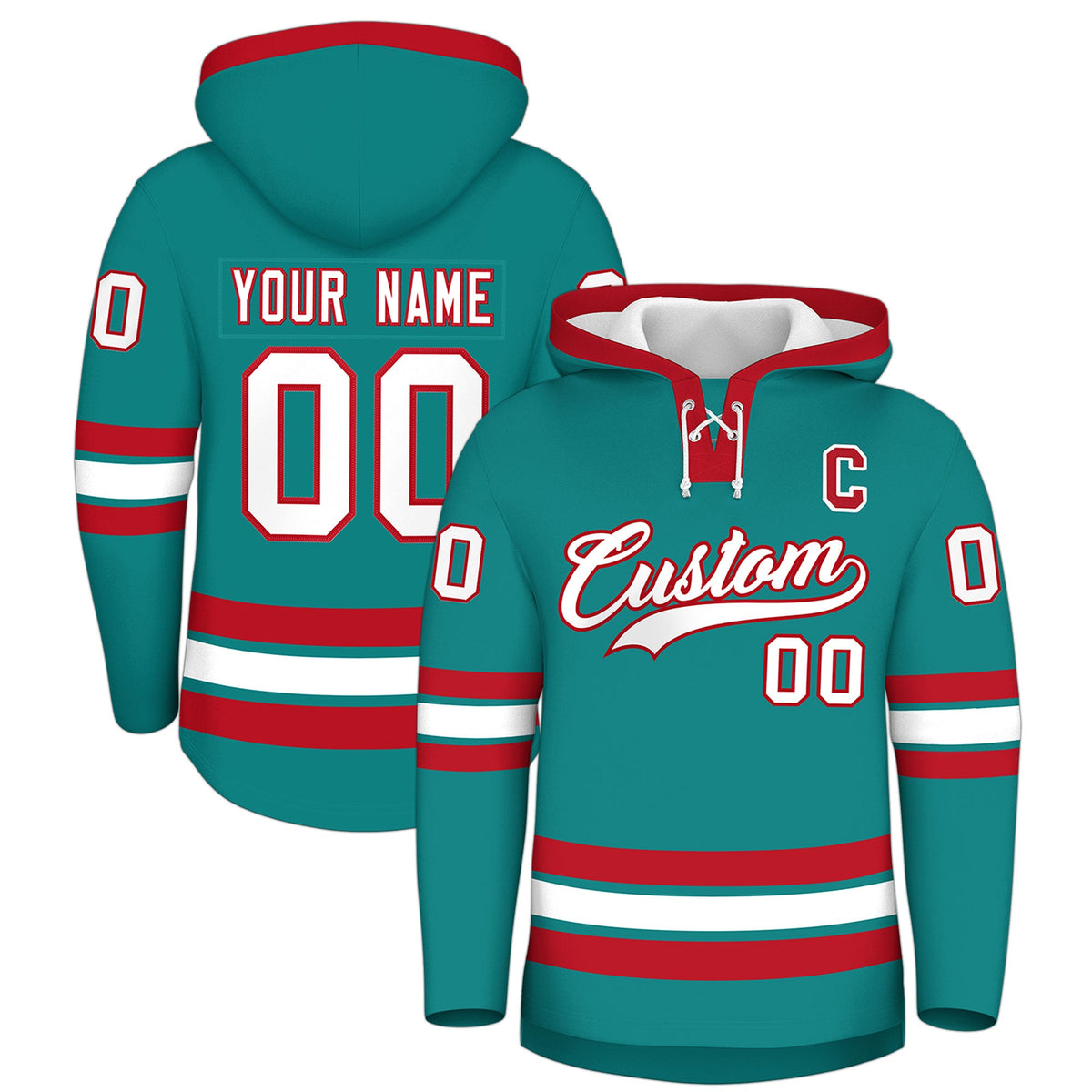 Custom Hockey Hoodie Jersey Teal Red Classic Style for Men&amp;Youth