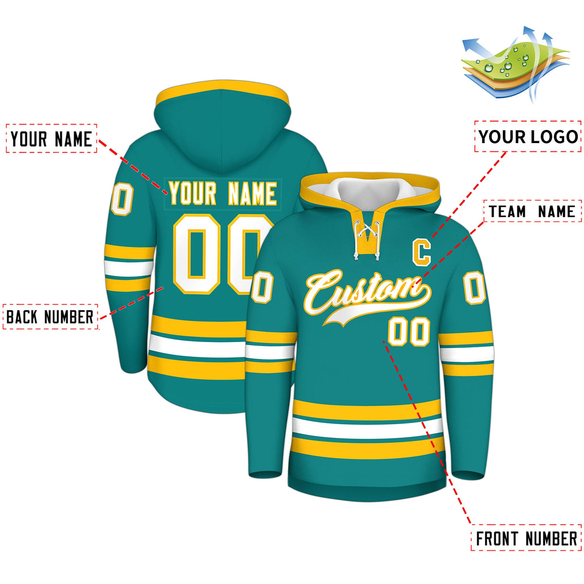 Custom Hockey Hoodie Jersey Teal Gold Classic Style Add Name,Number &amp; Logo