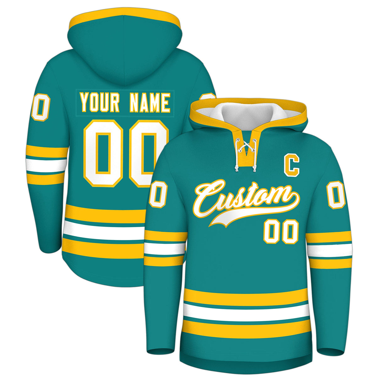 Custom Hockey Hoodie Jersey Teal Gold Classic Style Add Name,Number &amp; Logo