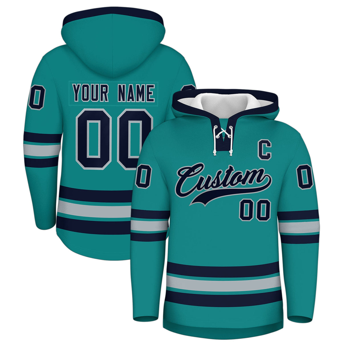 Custom Hockey Hoodie Jersey Teal Navy Classic Style Add Name,Number &amp; Logo