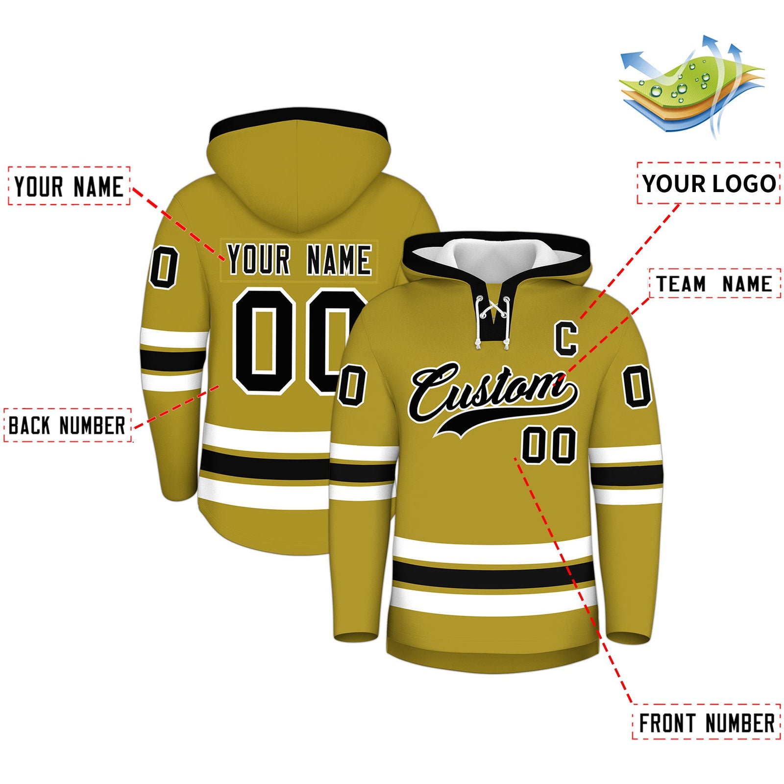 Custom Hockey Hoodie Jersey Old Gold Black Classic Style for Men&Youth