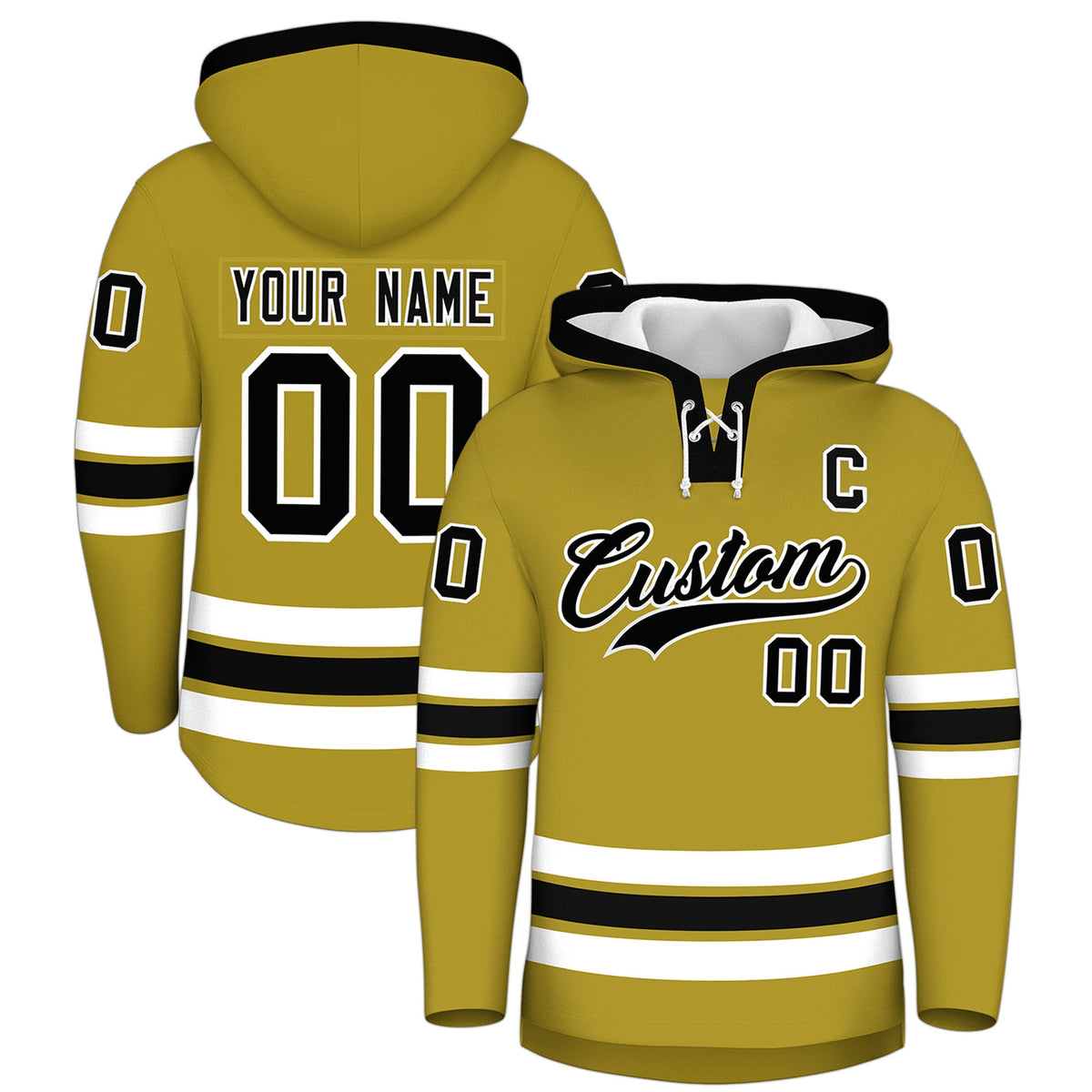 Custom Hockey Hoodie Jersey Old Gold Black Classic Style for Men&amp;Youth