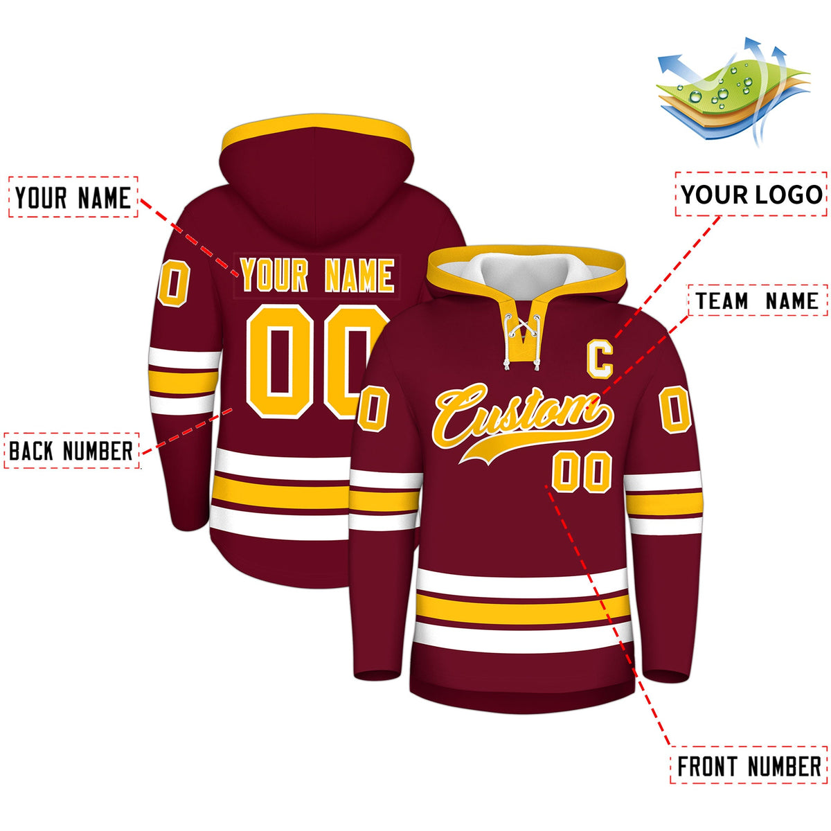 Custom Hockey Hoodie Jersey Crimson Gold Classic Style Add Name,Number&amp;Logo