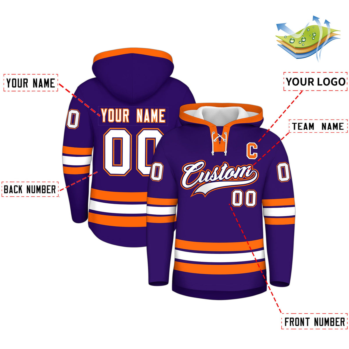 Custom Hockey Hoodie Jersey Purple Orange Classic Style Add Name,Number&amp;Logo