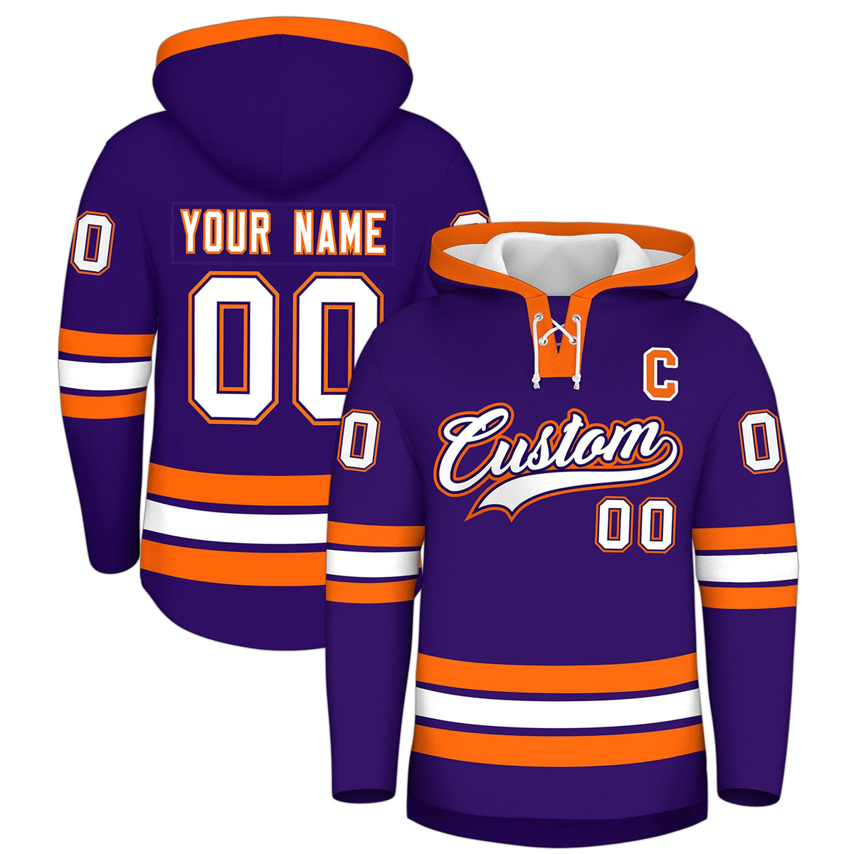 Custom Hockey Hoodie Jersey Purple Orange Classic Style Add Name,Number&amp;Logo