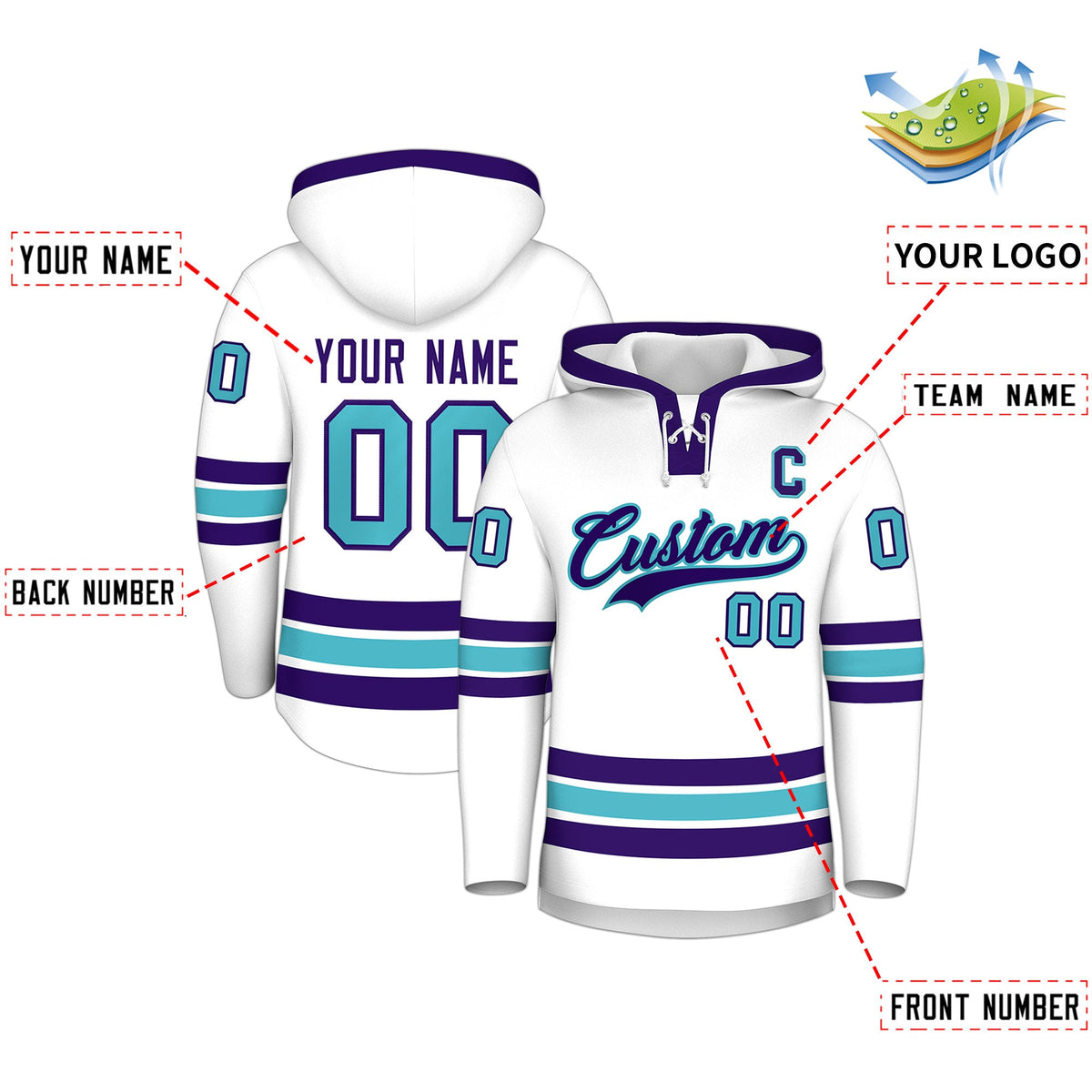 Custom Hockey Hoodie Jersey White Purple Classic Style for Men&amp;Youth