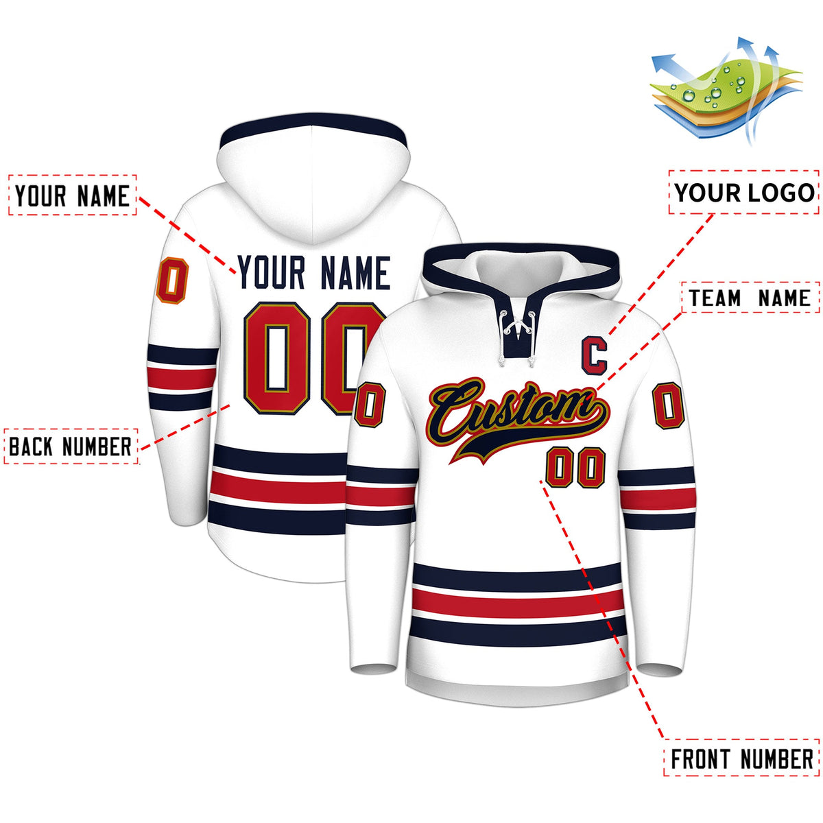 Custom Hockey Hoodie Jersey White Navy Classic Style Add Name,Number &amp; Logo