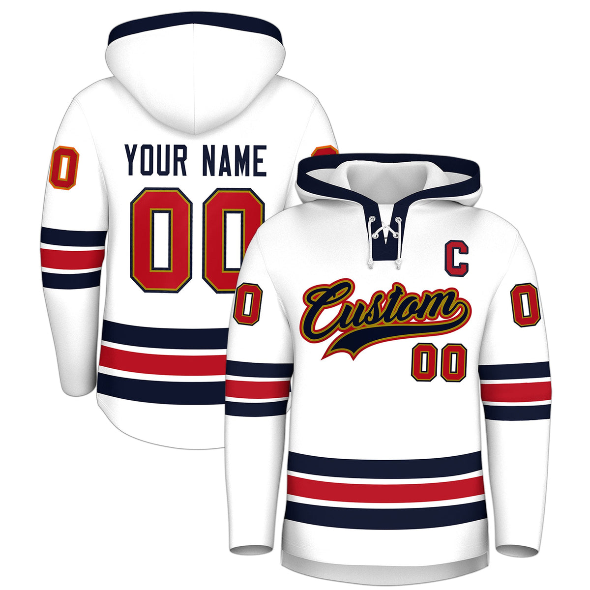 Custom Hockey Hoodie Jersey White Navy Classic Style Add Name,Number &amp; Logo