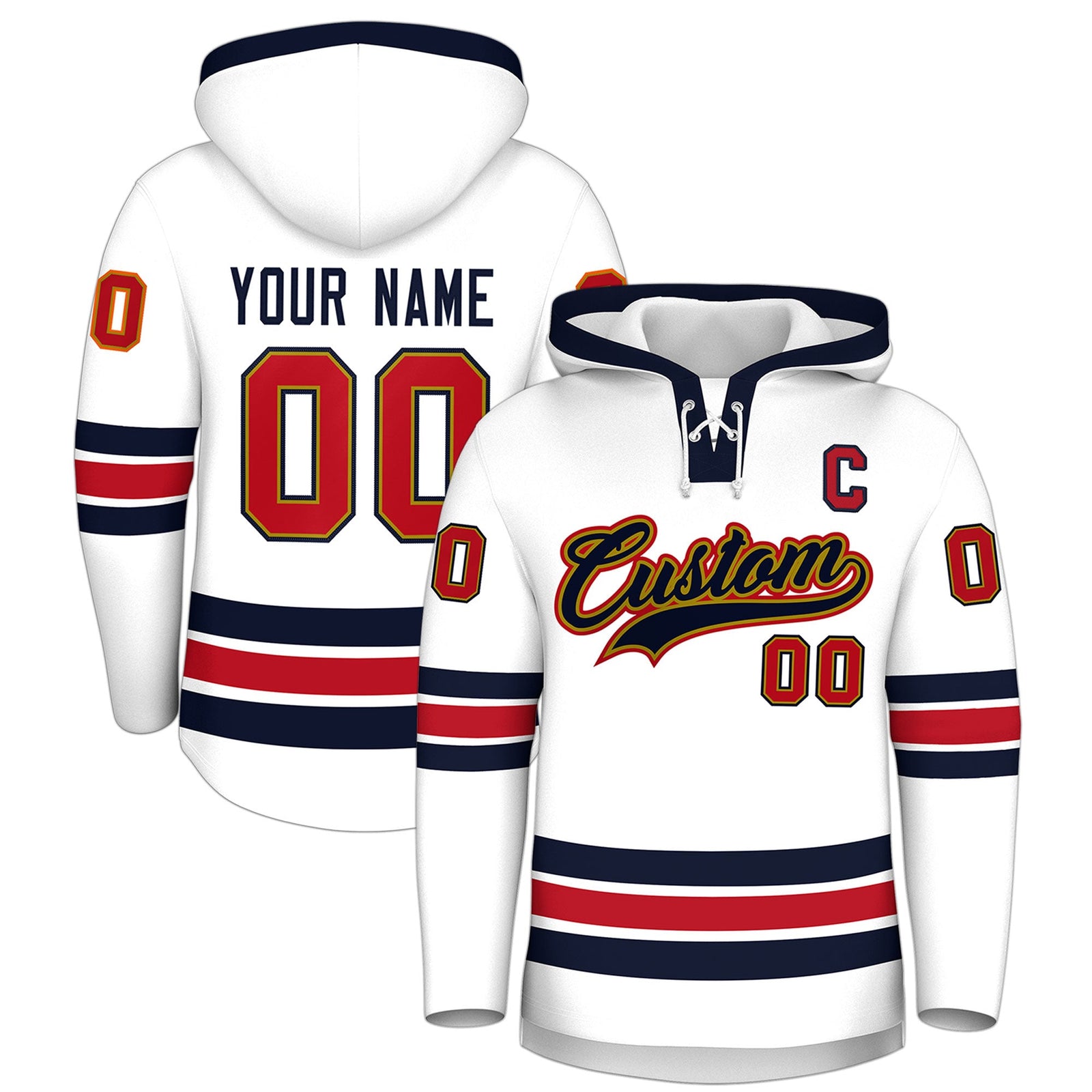 Custom Hockey Hoodie Jersey White Navy Classic Style Add Name,Number & Logo
