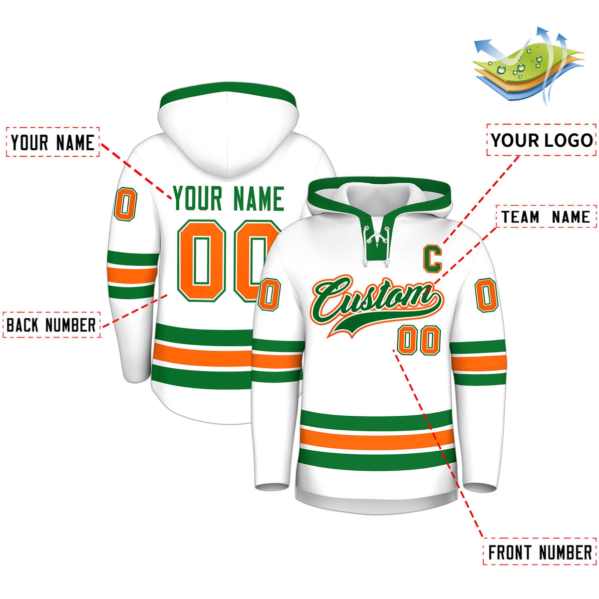 Custom Hockey Hoodie Jersey White Kelly Green Classic Style for Men&amp;Youth