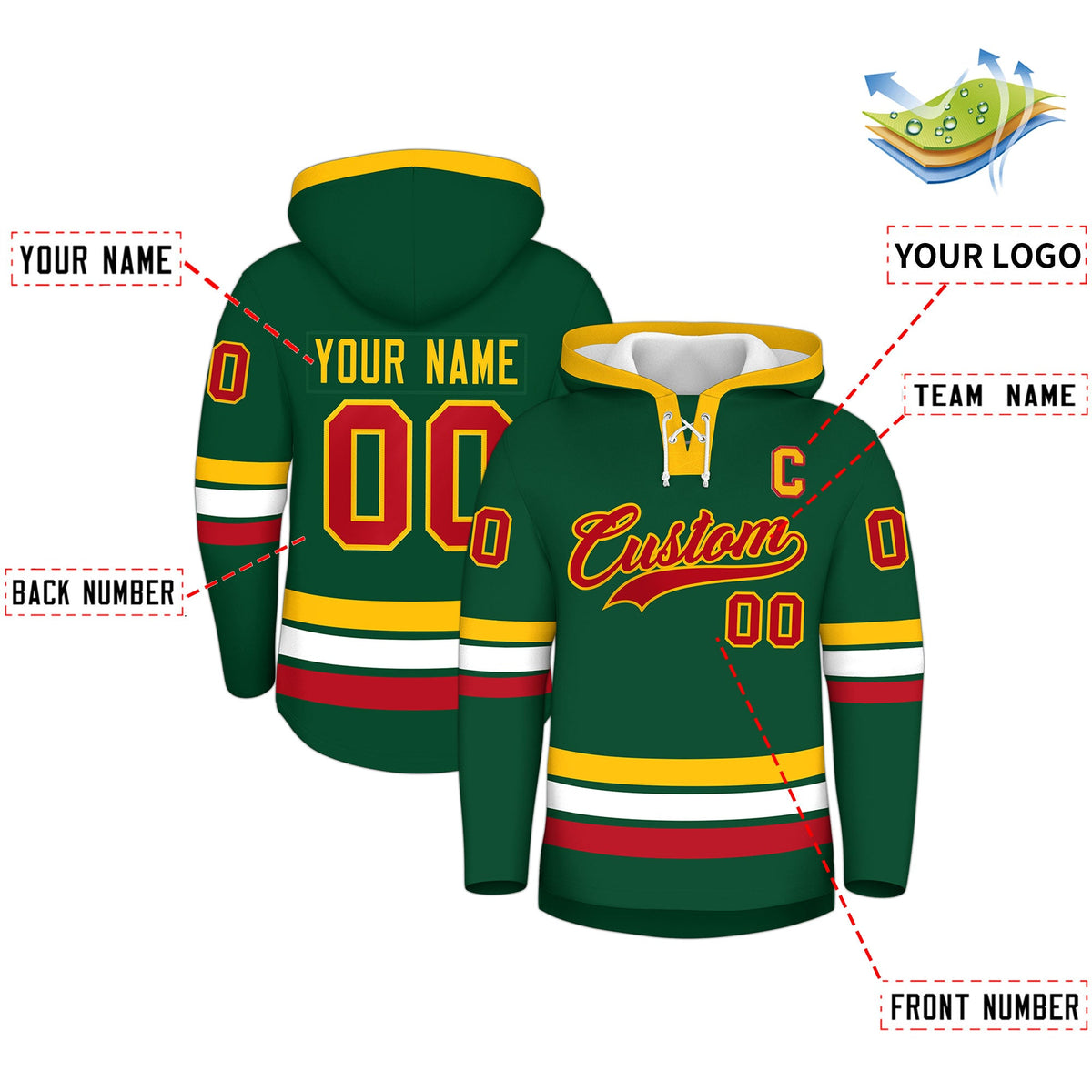 Custom Hockey Hoodie Jersey Dark Green Gold Classic Style Add Name,Number &amp; Logo