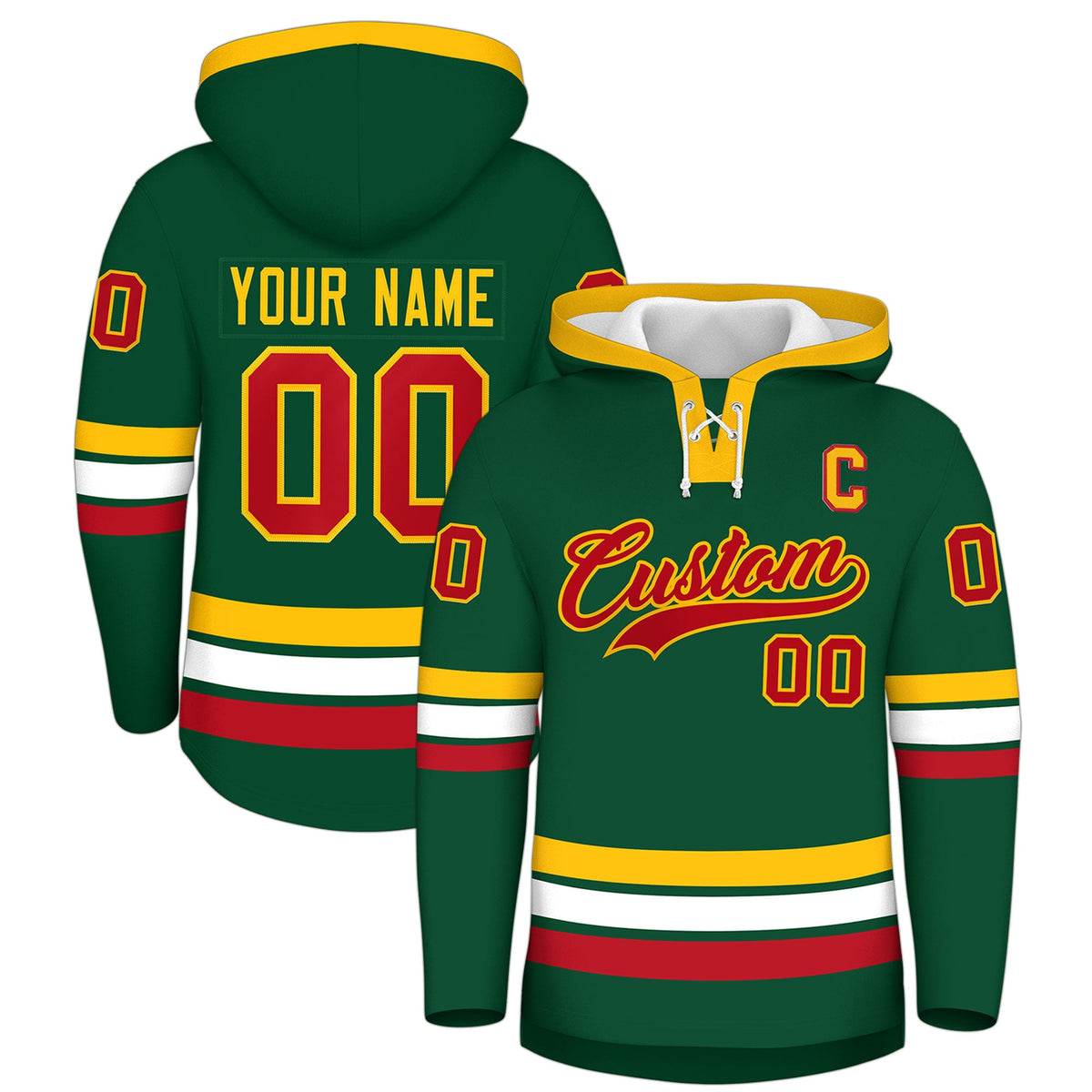 Custom Hockey Hoodie Jersey Dark Green Gold Classic Style Add Name,Number &amp; Logo