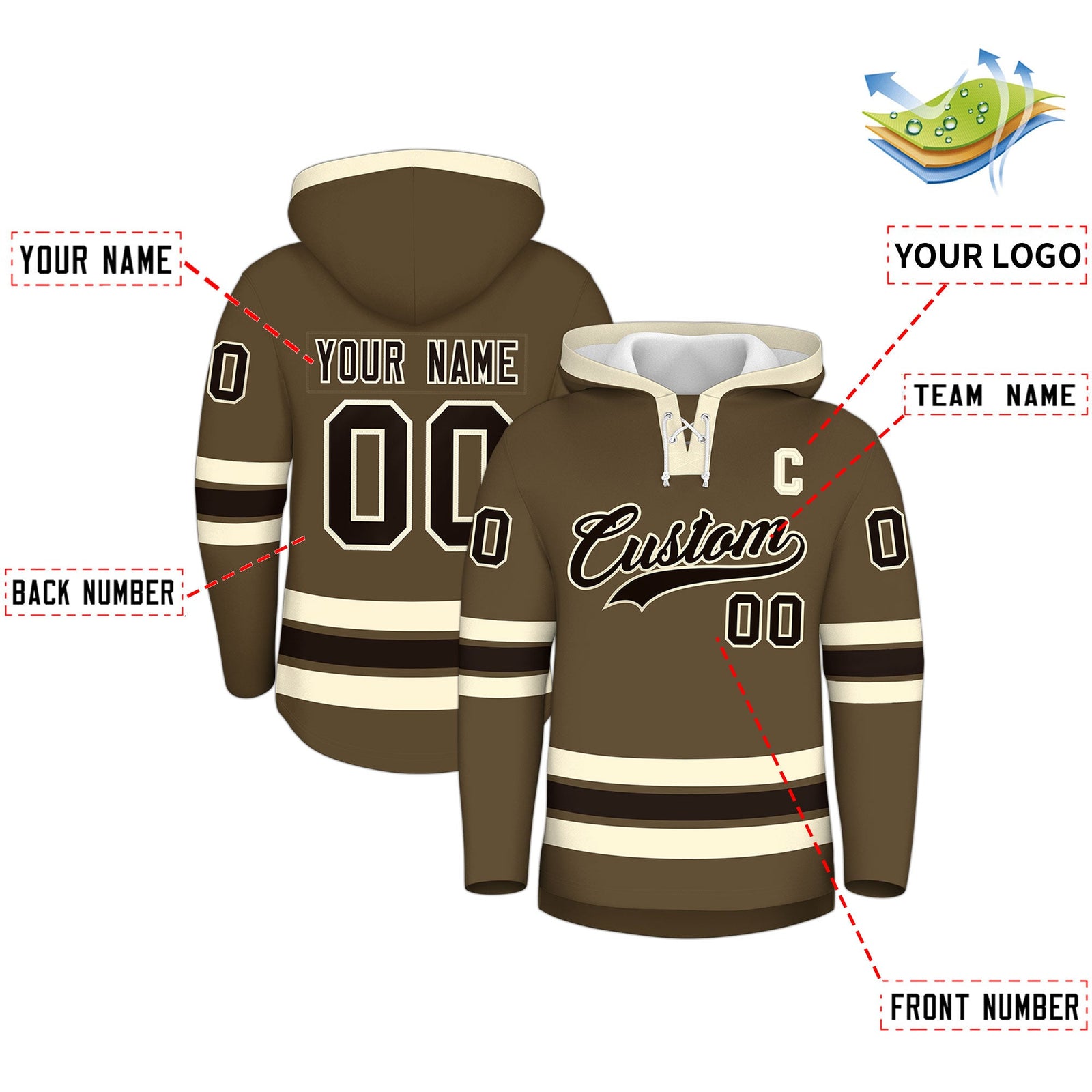 Custom Hockey Hoodie Jersey Light Brown Cream Classic Style Add Name,Number & Logo