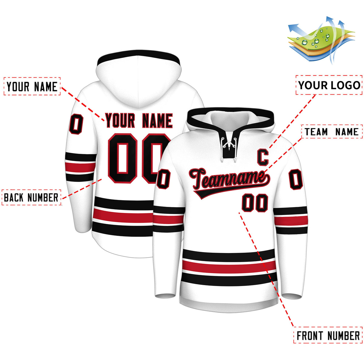 Custom Hockey Hoodie Jersey White Black Classic Style Add Name,Number &amp; Logo