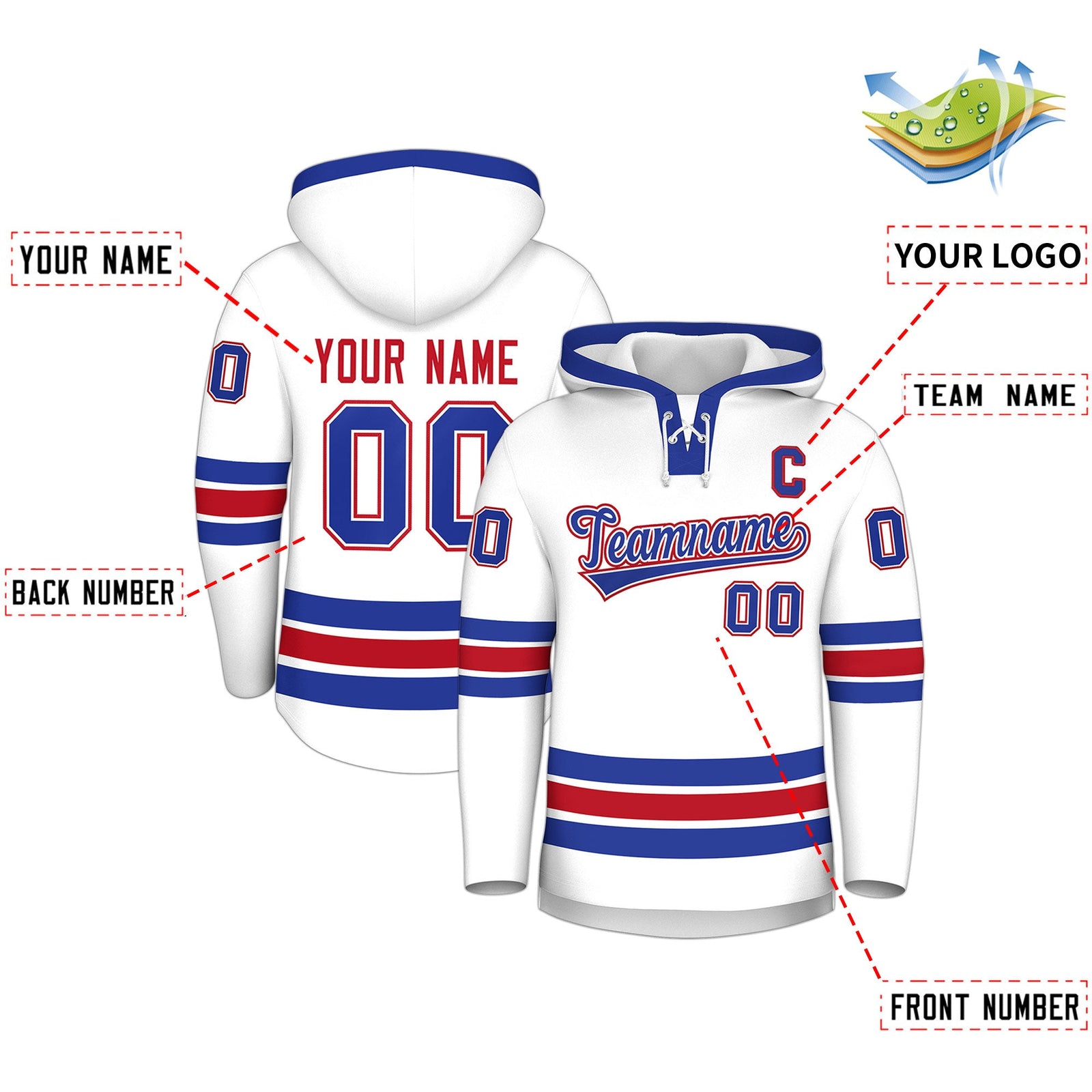 Custom Hockey Hoodie Jersey White Royal Blue Classic Style for Men&Youth