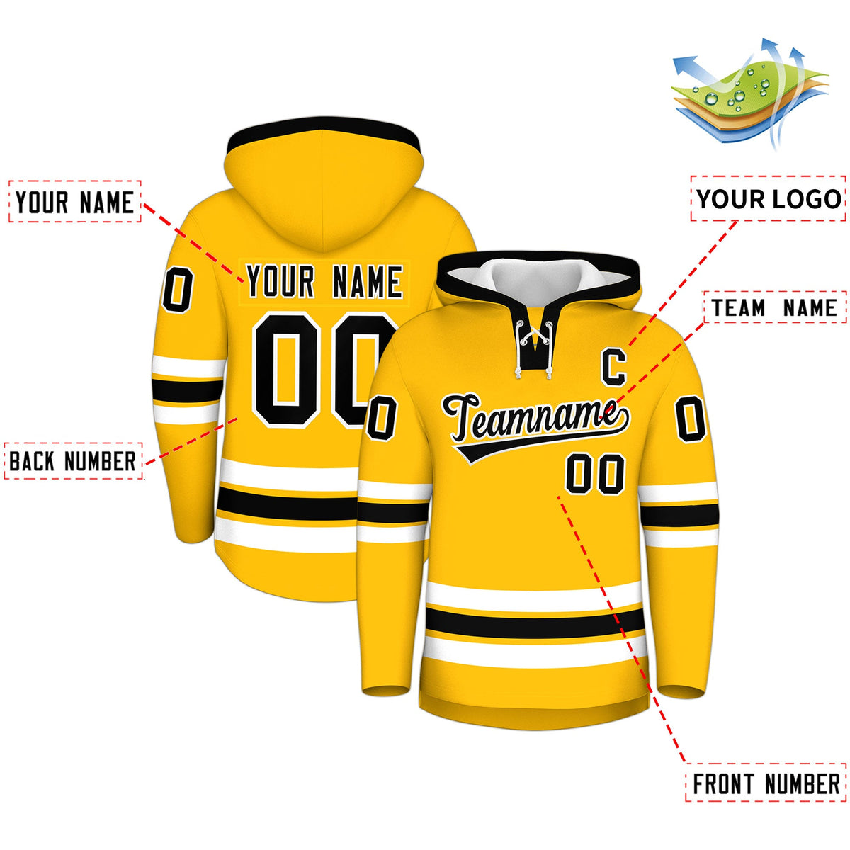 Custom Hockey Hoodie Jersey Gold Black Classic Style Add Name,Number &amp; Logo