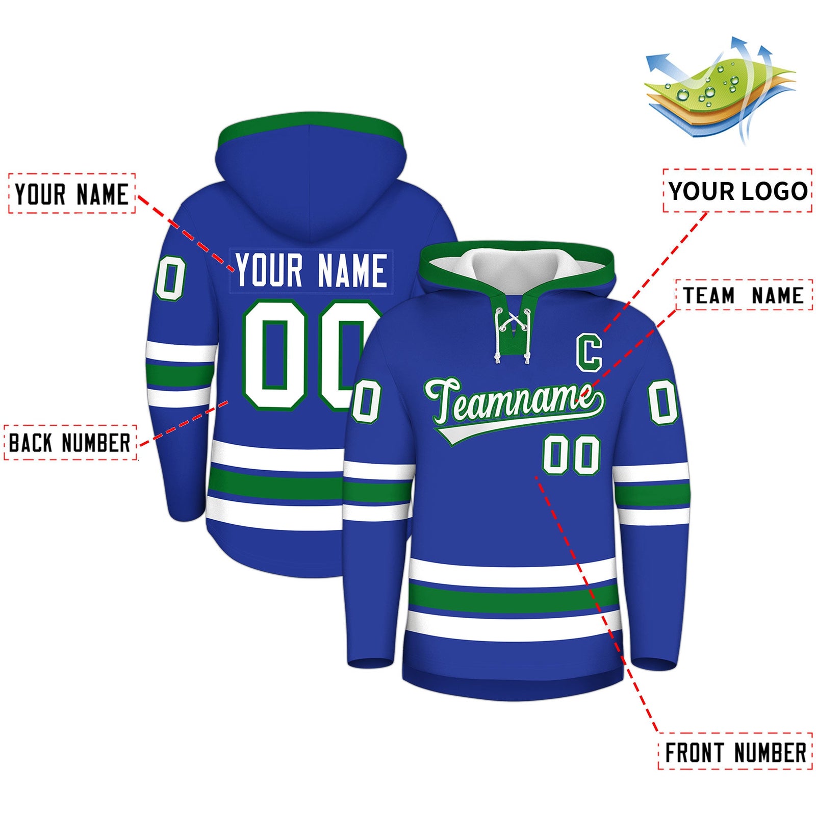 Custom Hockey Hoodie Jersey Royal Blue Kelly Green Classic Style for Men&Youth