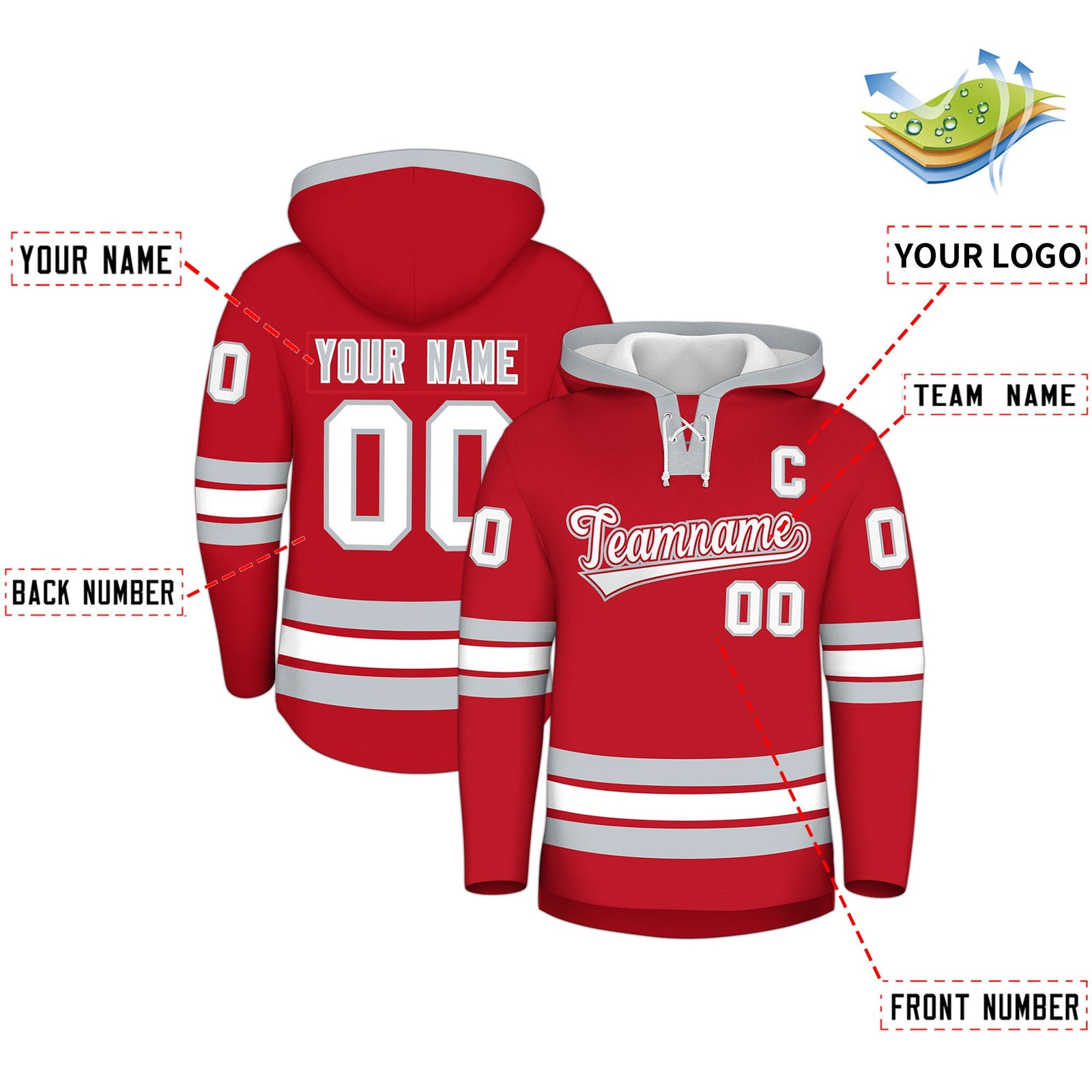 Custom Hockey Hoodie Jersey Red Silver Classic Style Add Name,Number&Logo