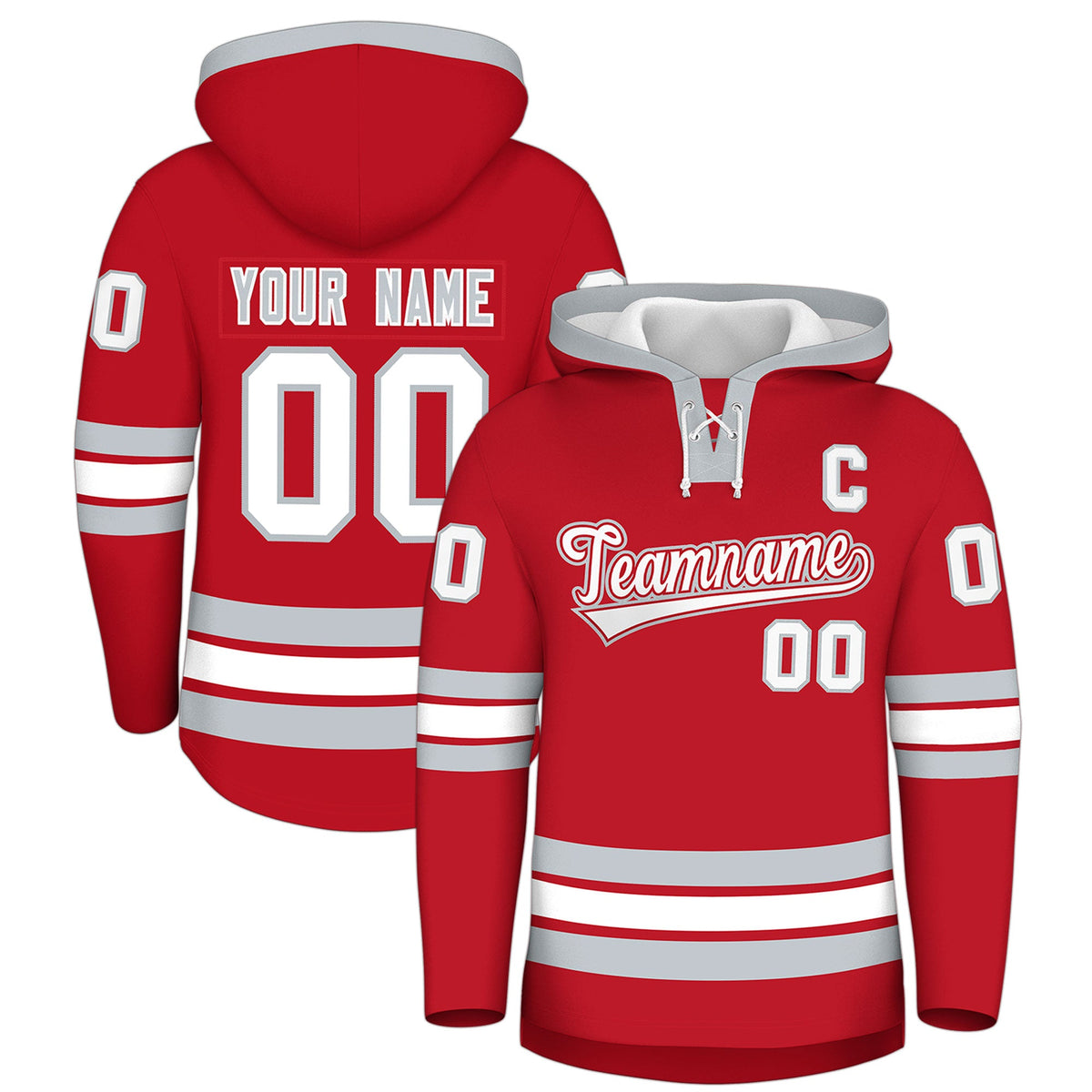 Custom Hockey Hoodie Jersey Red Silver Classic Style Add Name,Number&amp;Logo
