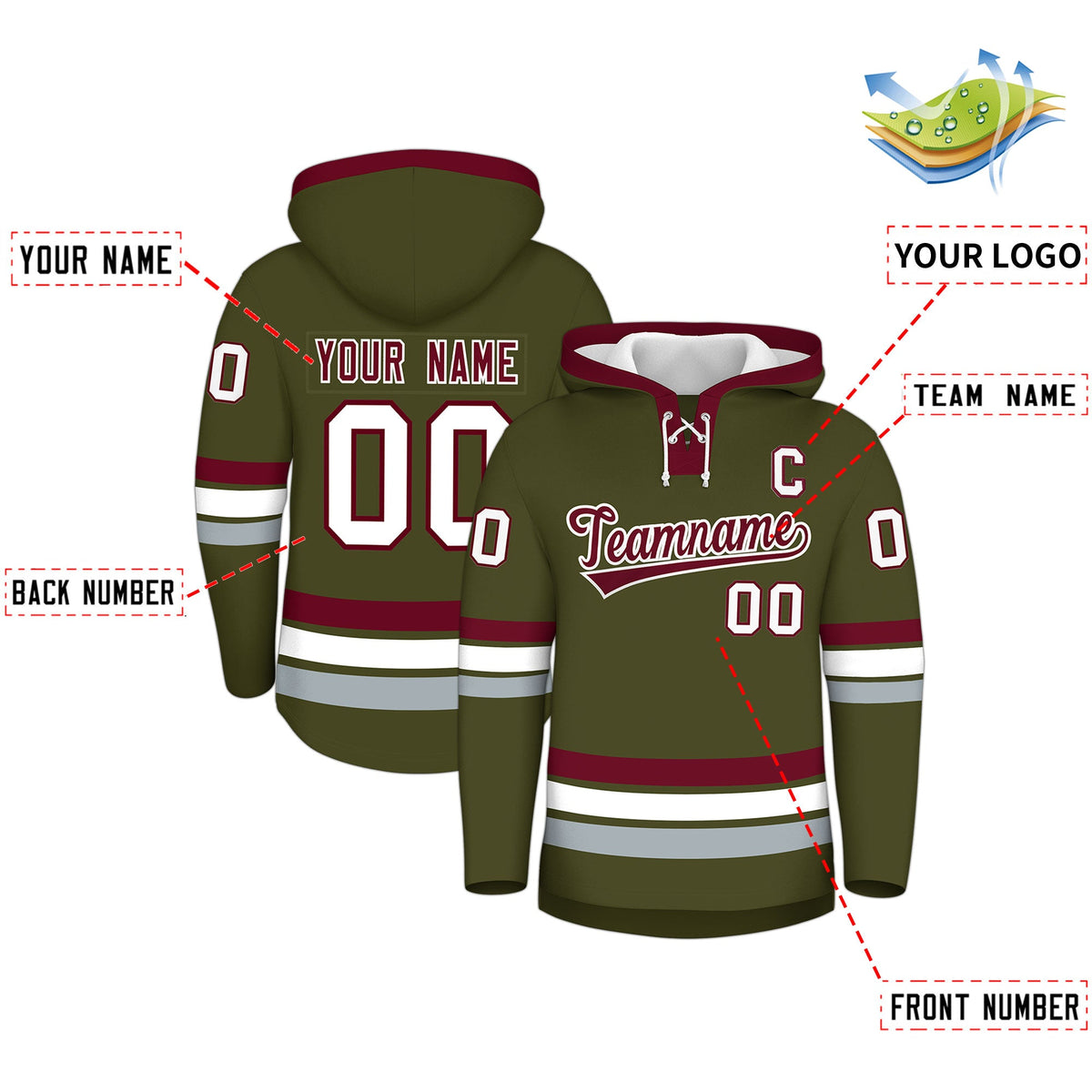 Custom Hockey Hoodie Jersey Olive Crimson Classic Style Add Name,Number&amp;Logo
