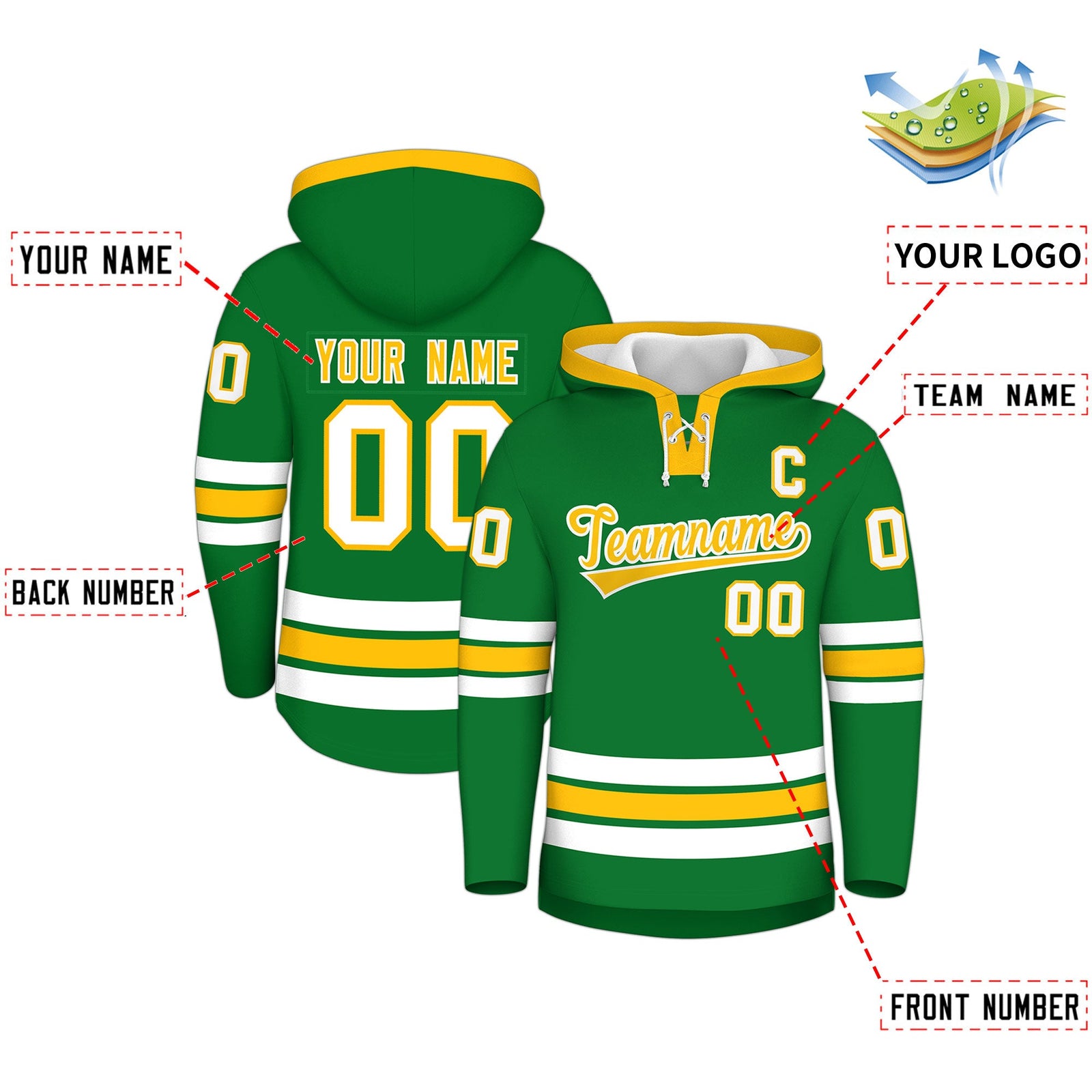 Custom Hockey Hoodie Jersey Kelly Green Gold Classic Style for Men&Youth