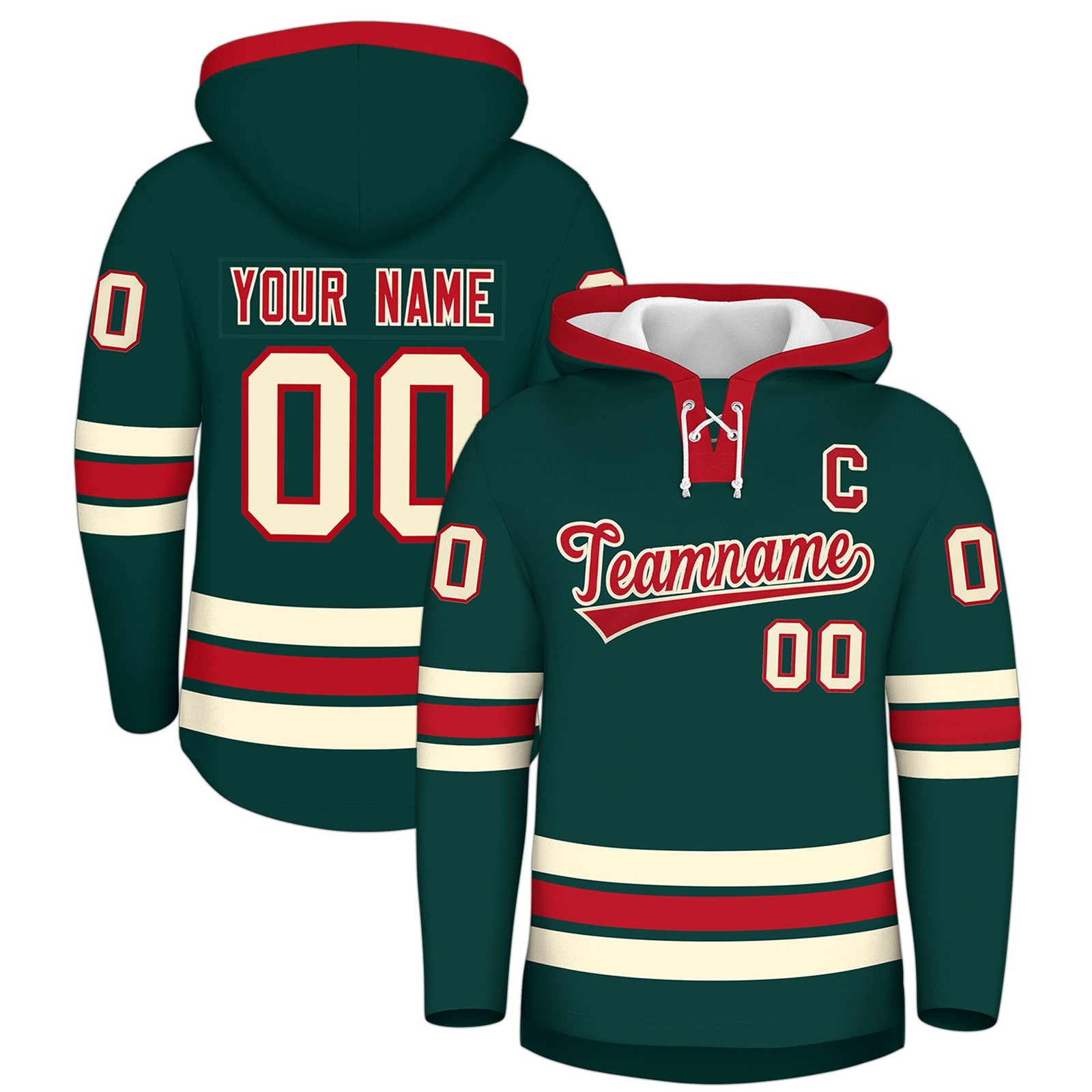 Custom Hockey Hoodie Jersey Midnight Green Red Classic Style Add Name,Number&Logo