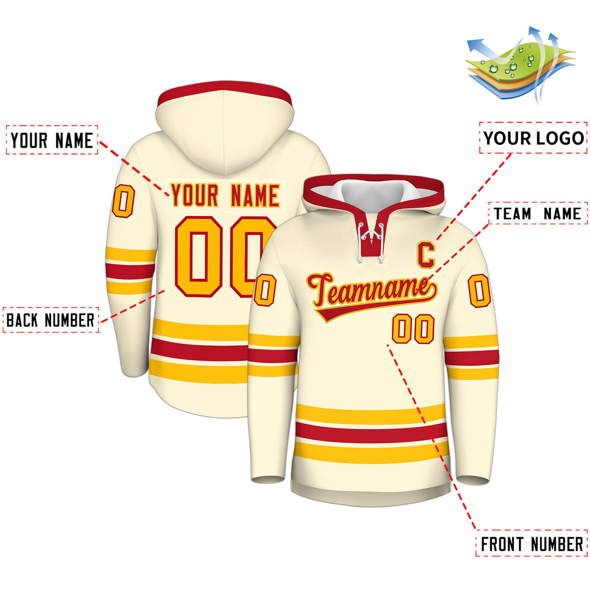 Custom Hockey Hoodie Jersey Cream Red Classic Style Add Name,Number&amp;Logo
