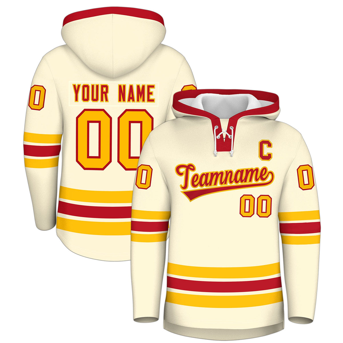 Custom Hockey Hoodie Jersey Cream Red Classic Style Add Name,Number&amp;Logo