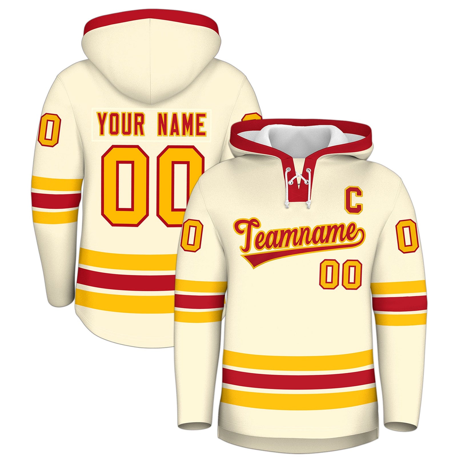 Custom Hockey Hoodie Jersey Cream Red Classic Style Add Name,Number&Logo