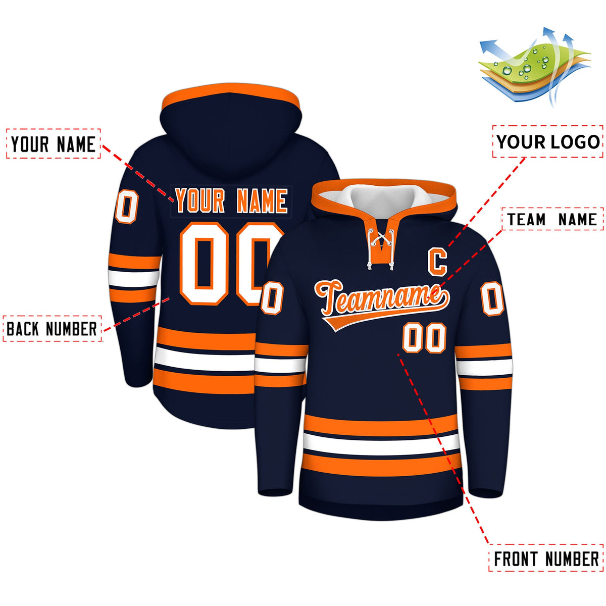 Custom Hockey Hoodie Jersey Navy Orange Classic Style for Men&amp;Youth