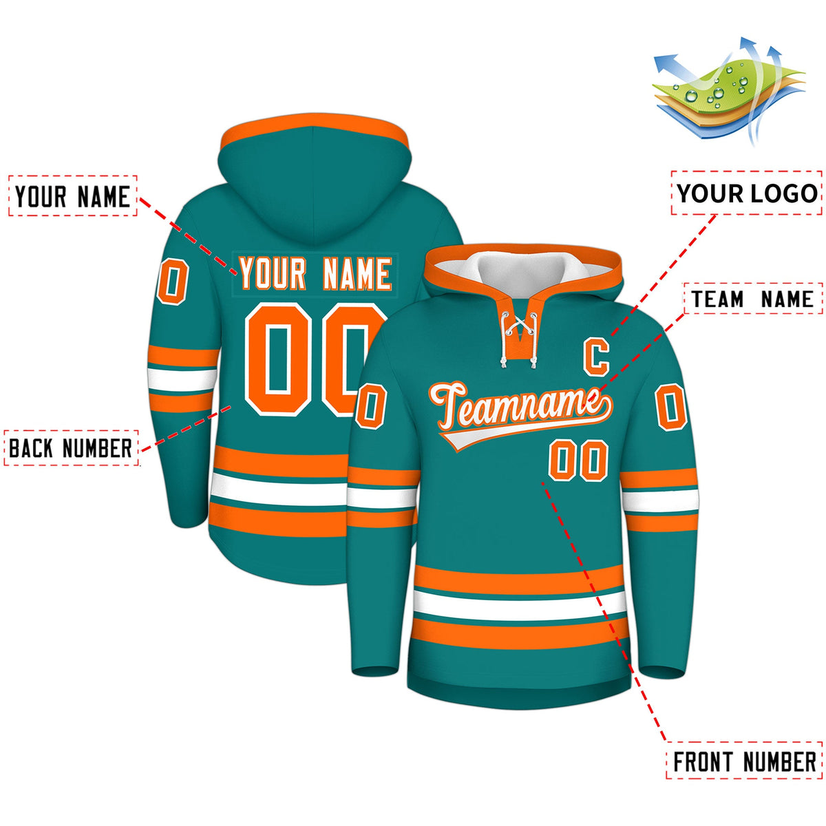 Custom Hockey Hoodie Jersey Teal Orange Classic Style Add Name,Number&amp;Logo