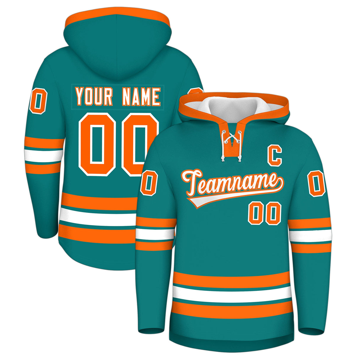 Custom Hockey Hoodie Jersey Teal Orange Classic Style Add Name,Number&amp;Logo